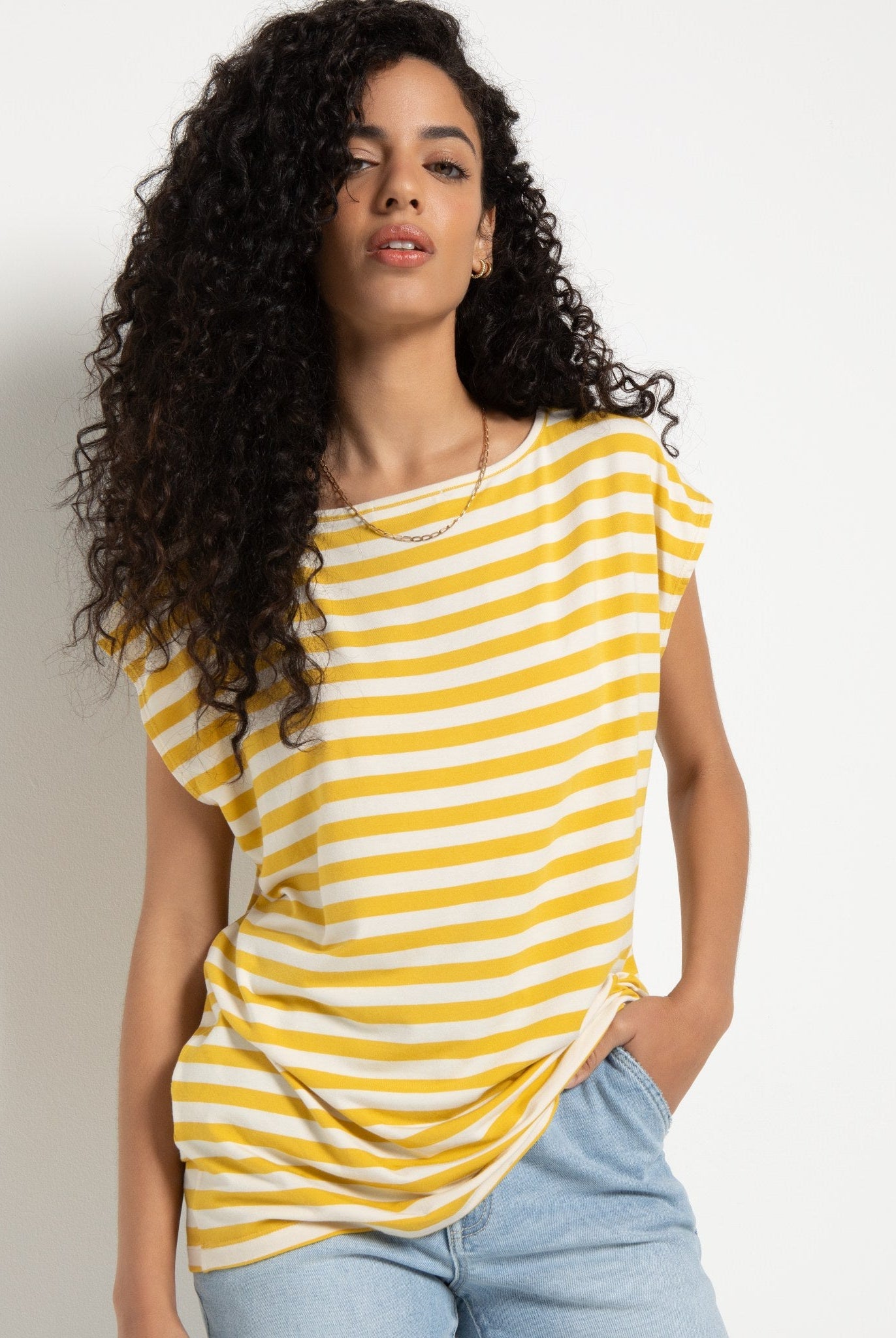 Amber Haze Stripe $|& SEAS Brentwood Boat Neck Stripe Top - VOF Front
