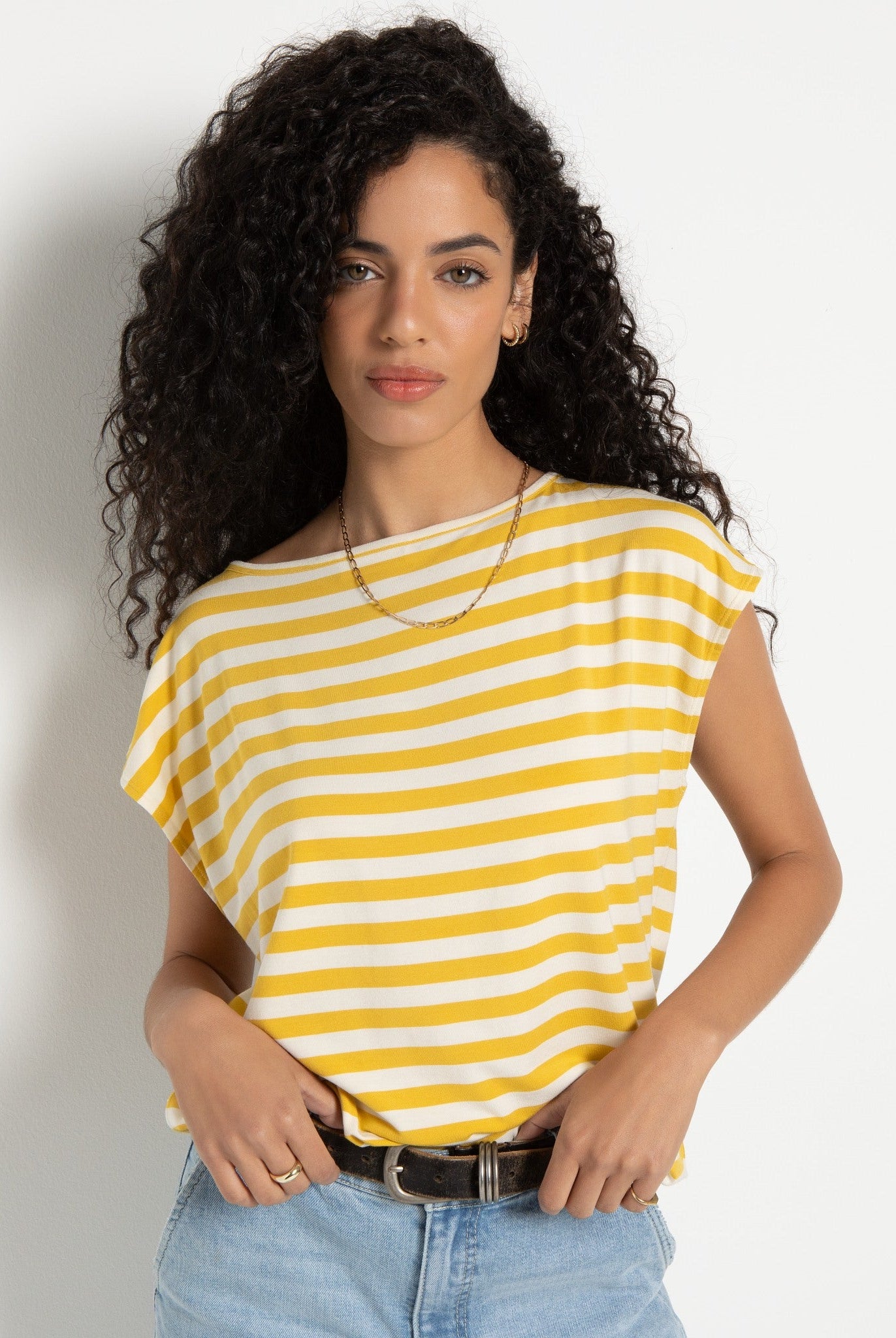 Amber Haze Stripe $|& SEAS Brentwood Boat Neck Stripe Top - SOF Front
