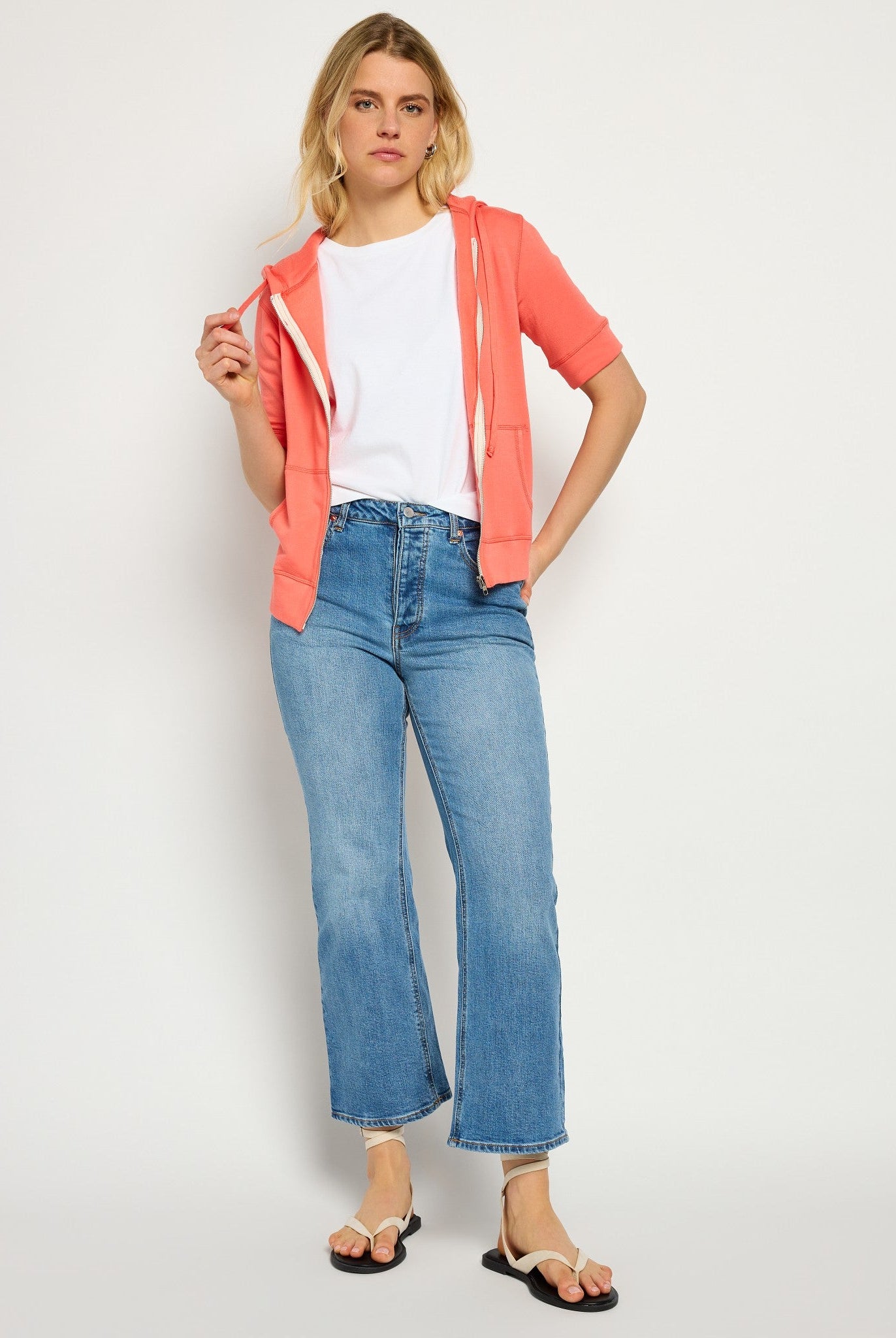 Coral $|& SEAS Short Sleeve Fleece Zip Up - SOF Full Front