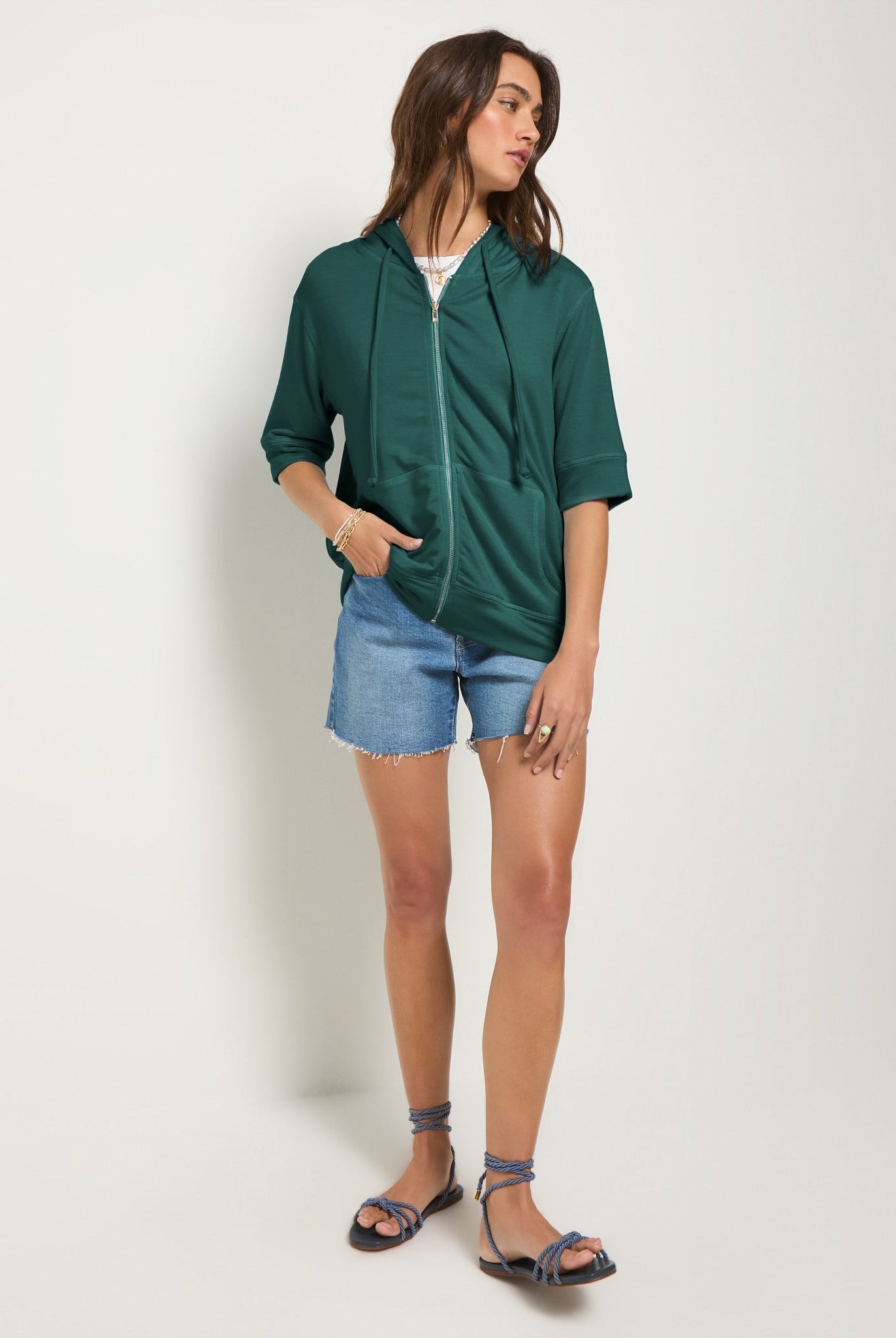 Deep Teal $|& SEAS Short Sleeve Fleece Zip Up - VOF Front