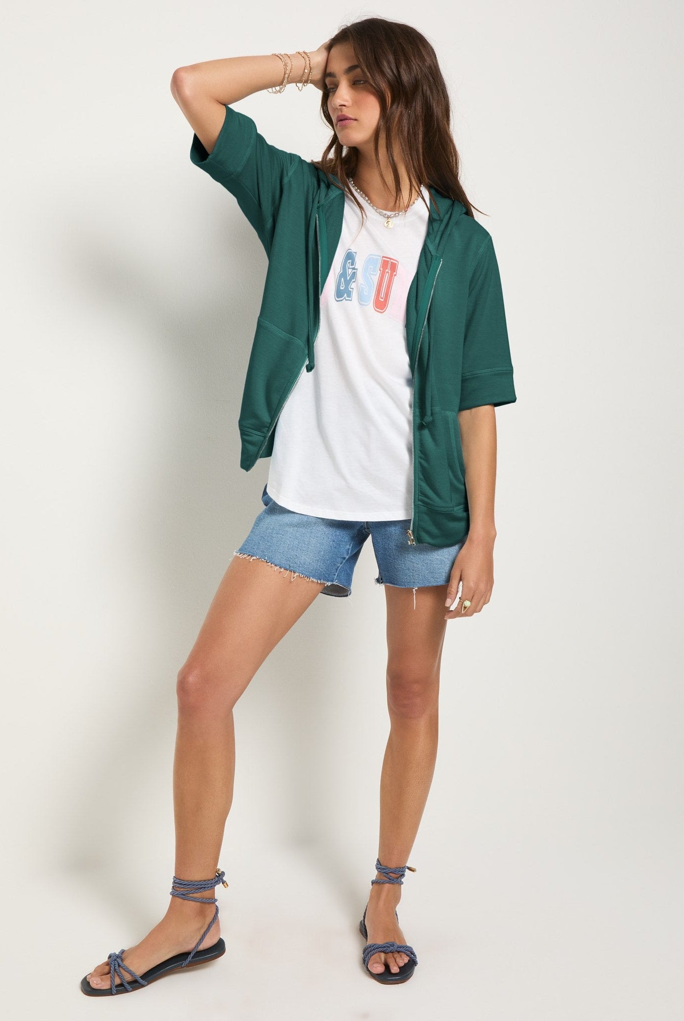 Deep Teal $|& SEAS Short Sleeve Fleece Zip Up - UGC On Fig