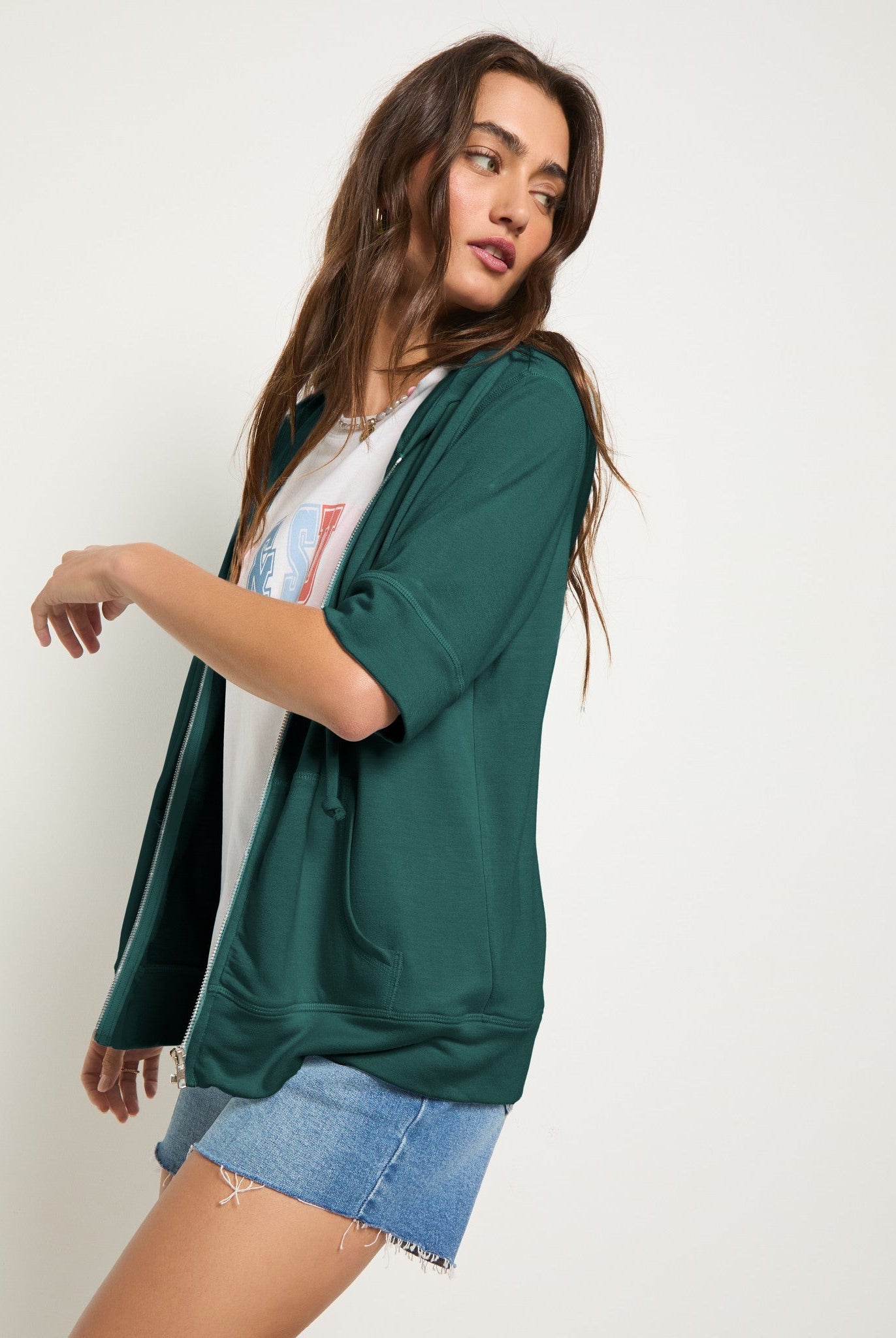 Deep Teal $|& SEAS Short Sleeve Fleece Zip Up - SOF Full Front