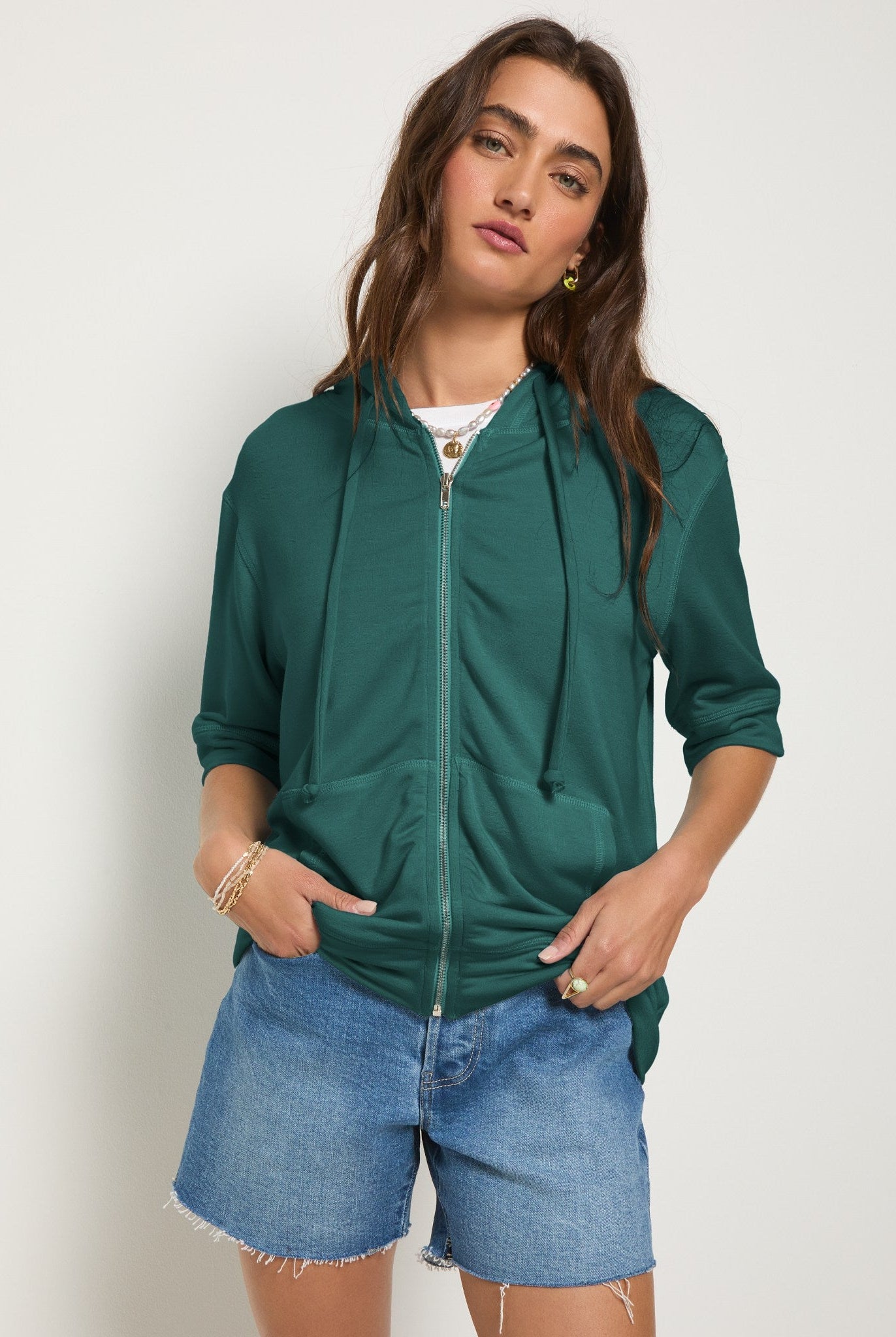 Deep Teal $|& SEAS Short Sleeve Fleece Zip Up - SOF Front