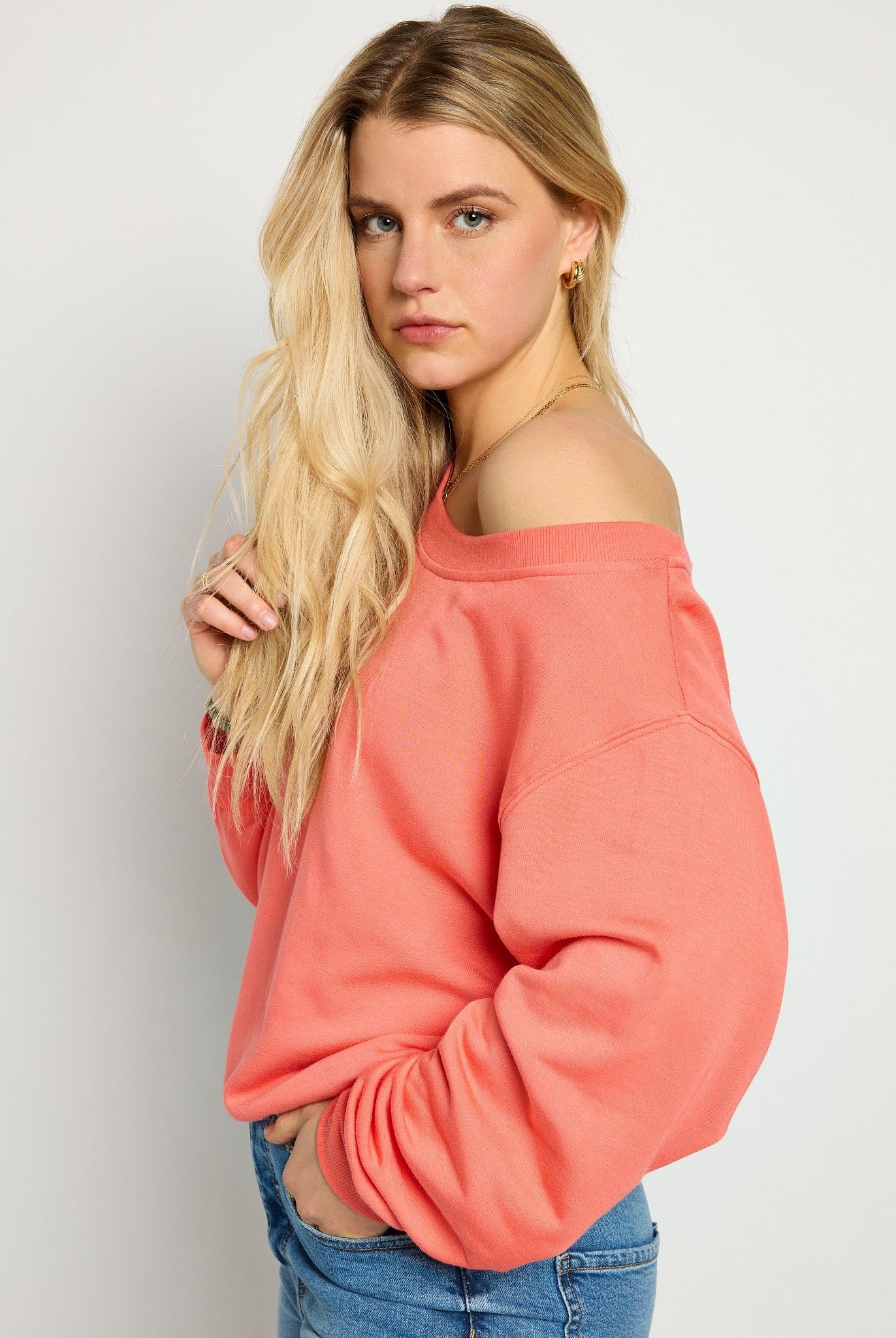 Coral $|& SEAS Brooksville One Shoulder Sweatshirt - SOF Back