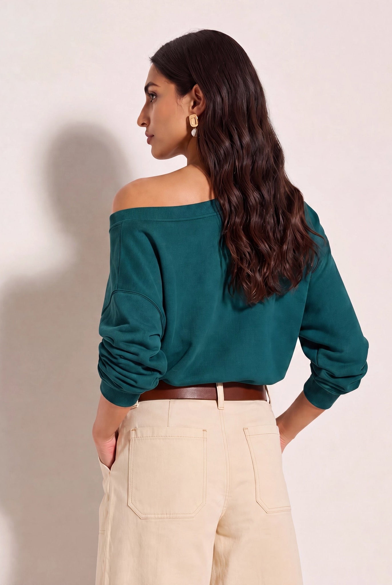 Deep Teal $|& SEAS Brooksville One Shoulder Sweatshirt - SOF Side