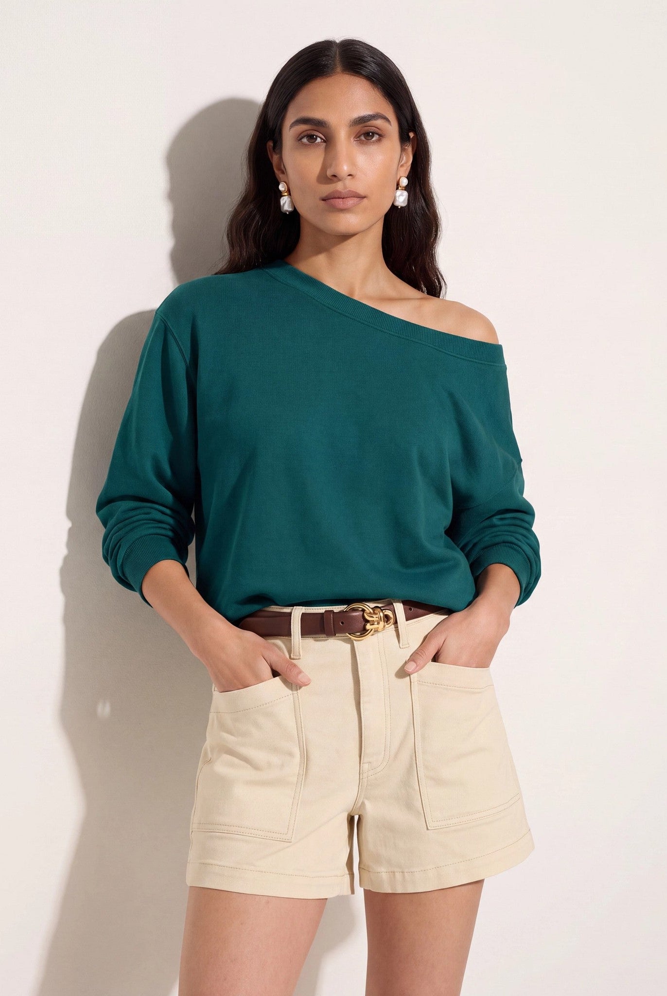 Deep Teal $|& SEAS Brooksville One Shoulder Sweatshirt - SOF Front