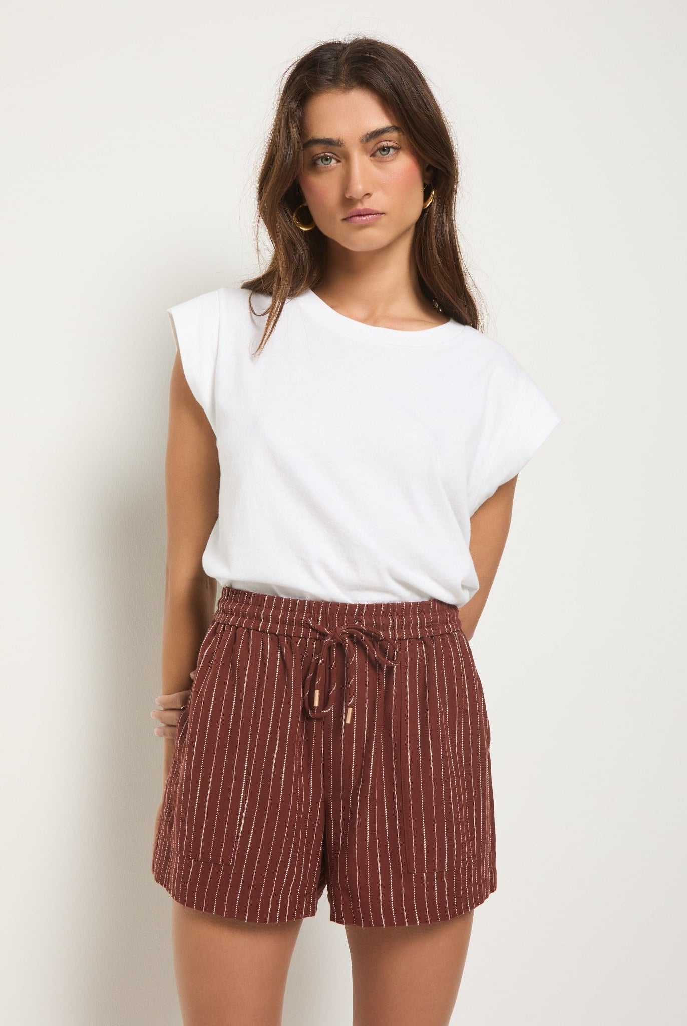 Cinnamon Stripe $|& SEAS Seafoam Linen Blend Short - VOF Front