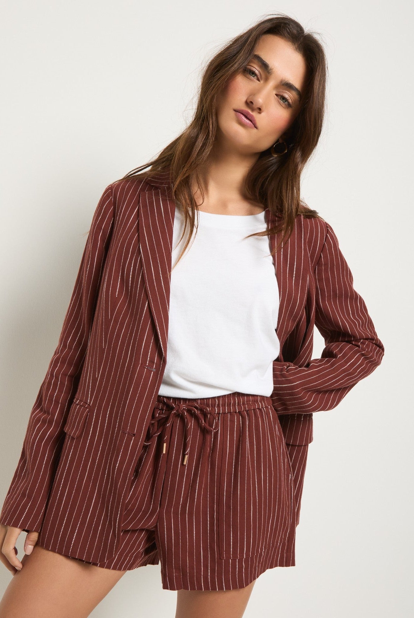 Cinnamon Stripe $|& SEAS Marina Linen Blend Blazer - VOF Side
