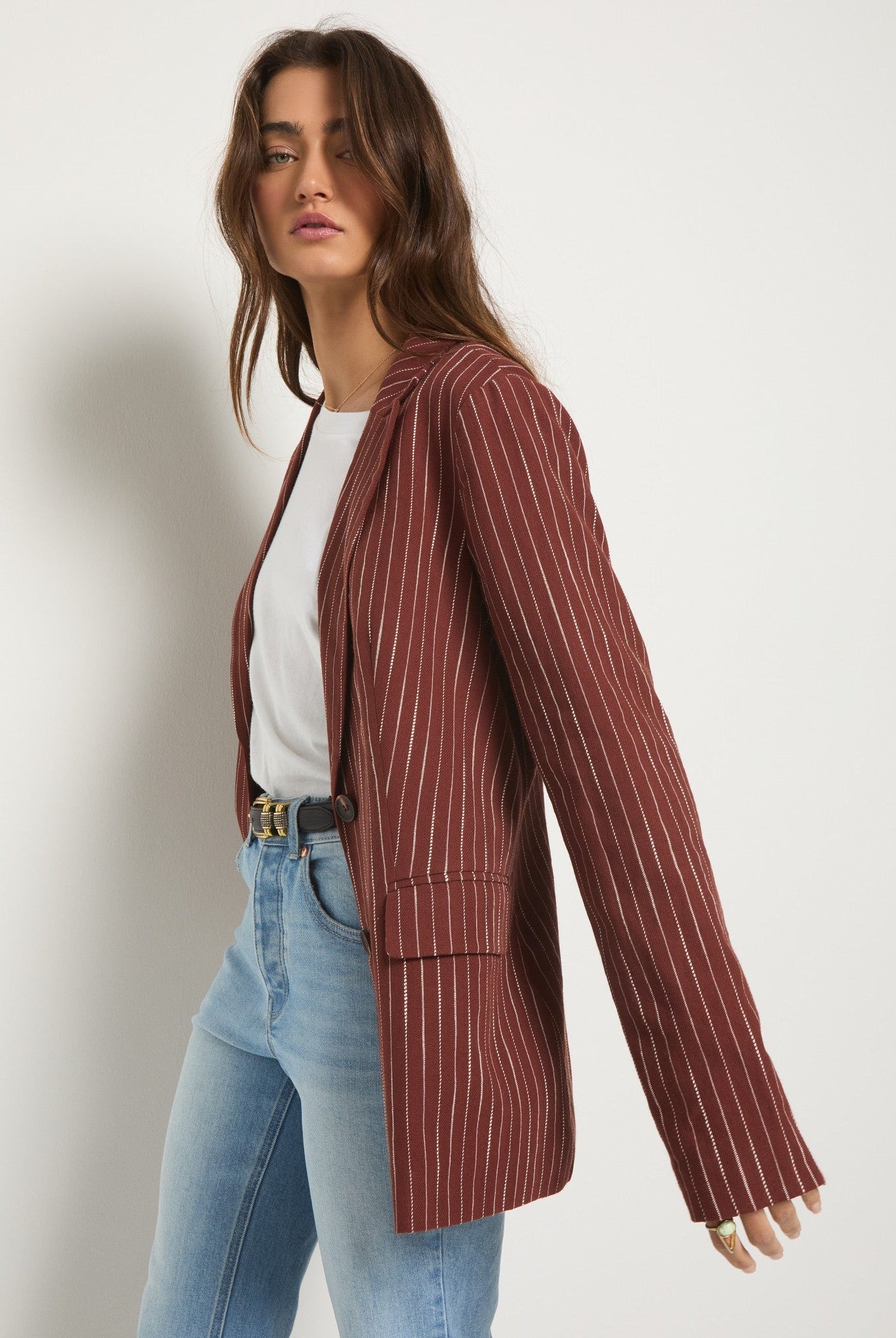 Cinnamon Stripe $|& SEAS Marina Linen Blend Blazer - SOF Full Front