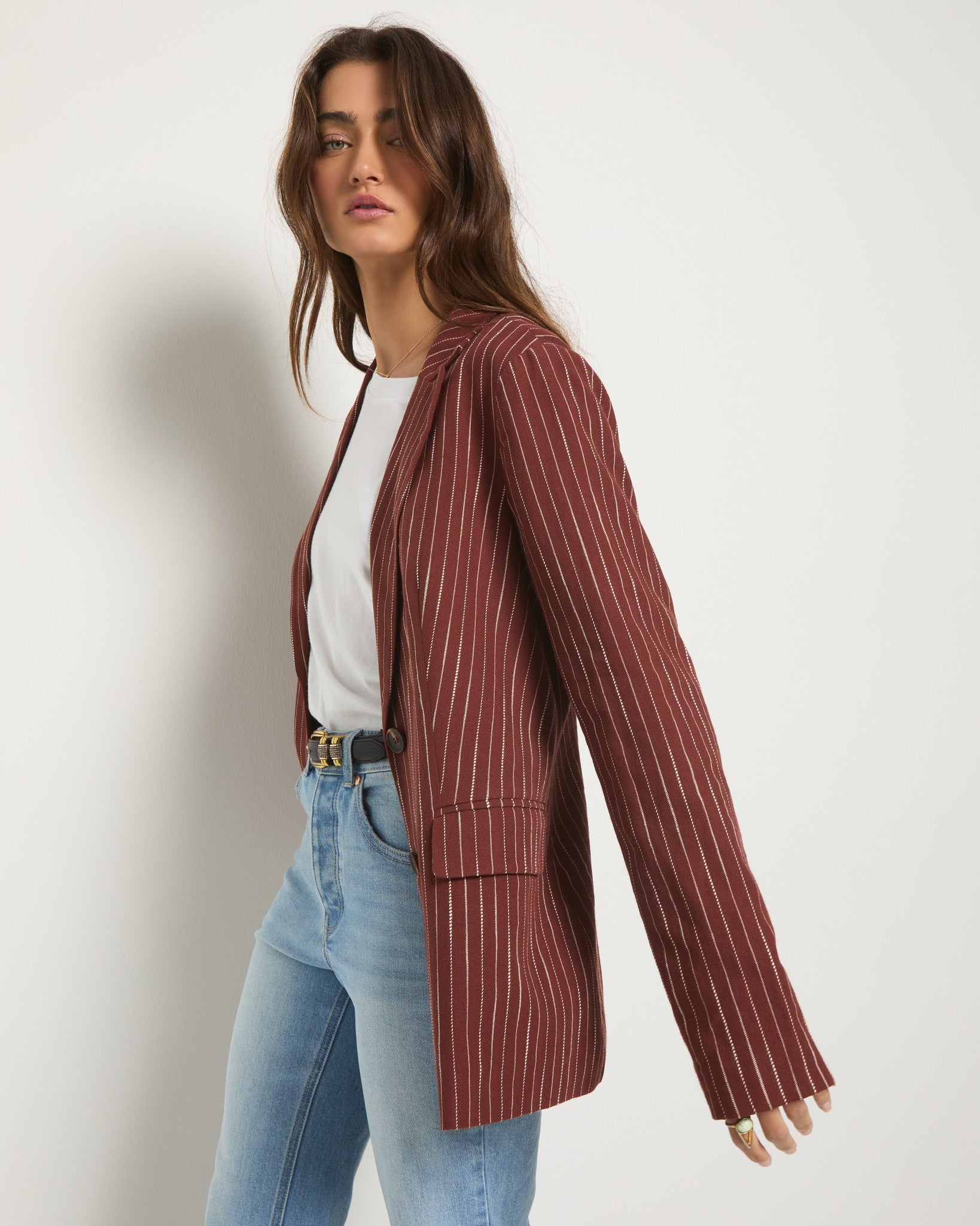 Cinnamon Stripe $|& SEAS Marina Linen Blend Blazer - SOF Full Front