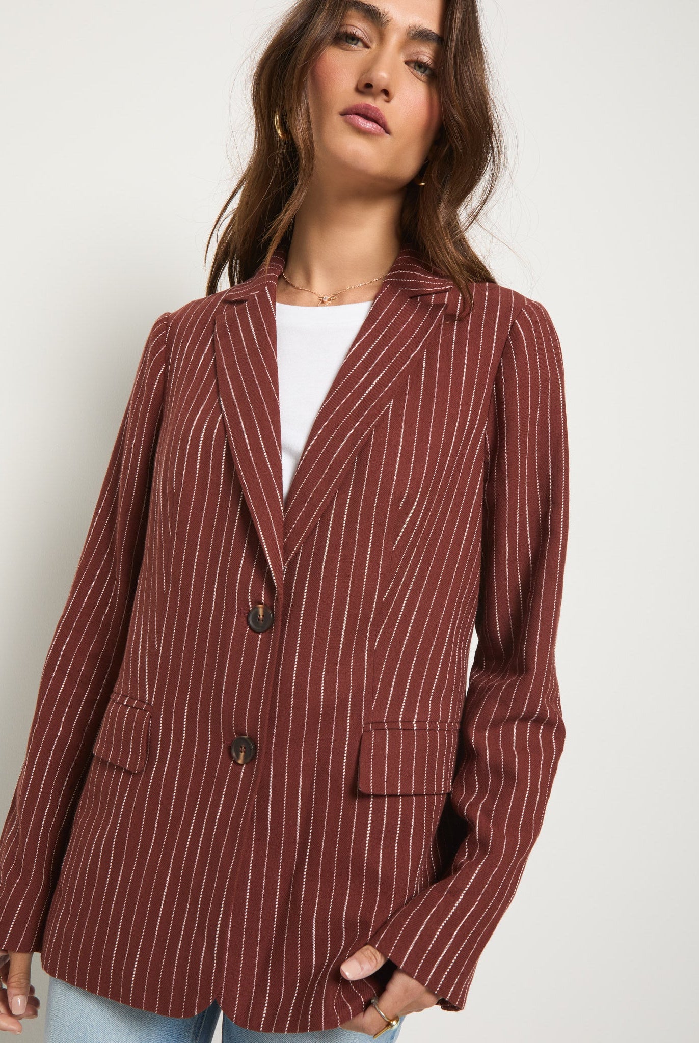 Cinnamon Stripe $|& SEAS Marina Linen Blend Blazer - VOF Front