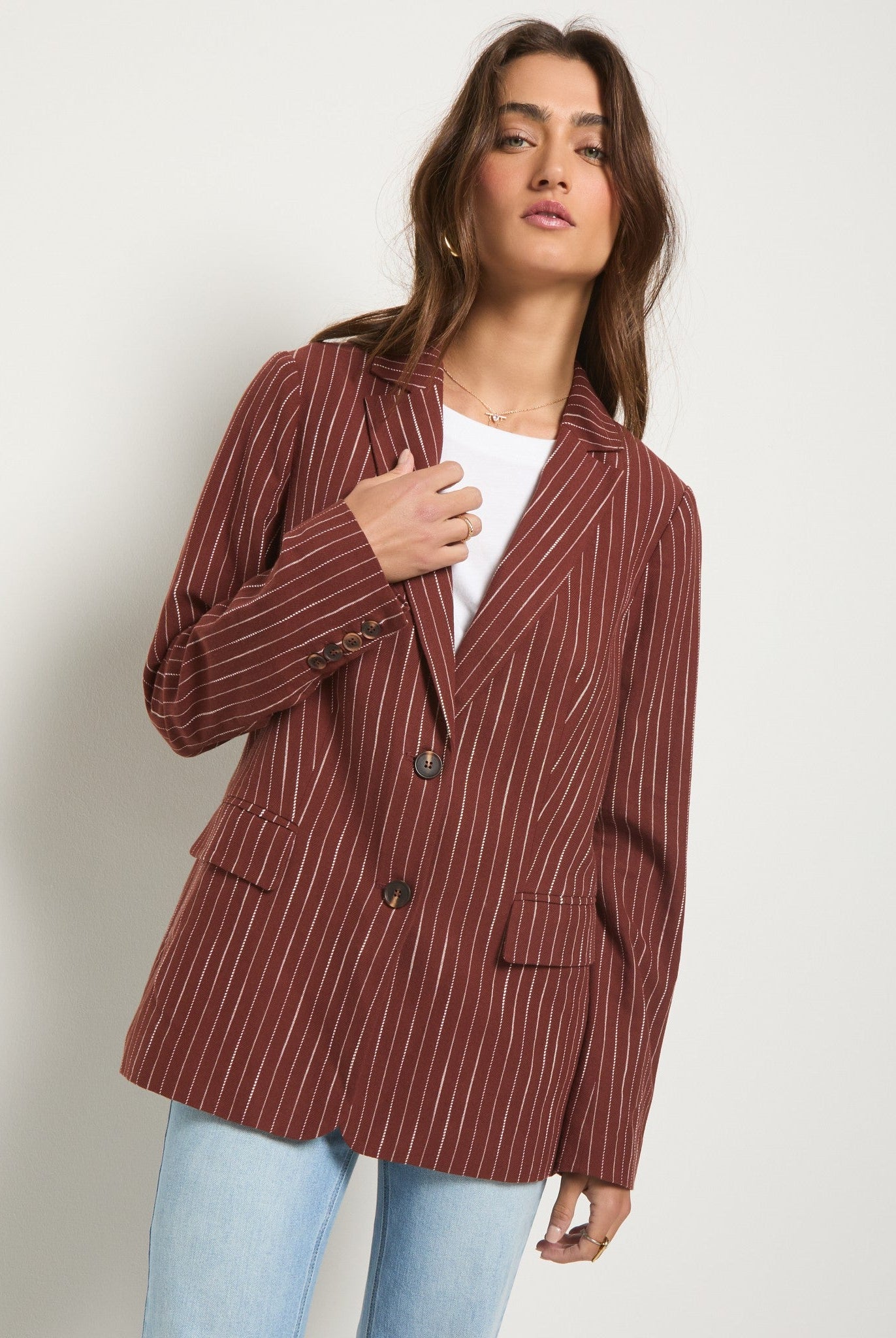 Cinnamon Stripe $|& SEAS Marina Linen Blend Blazer - SOF Front