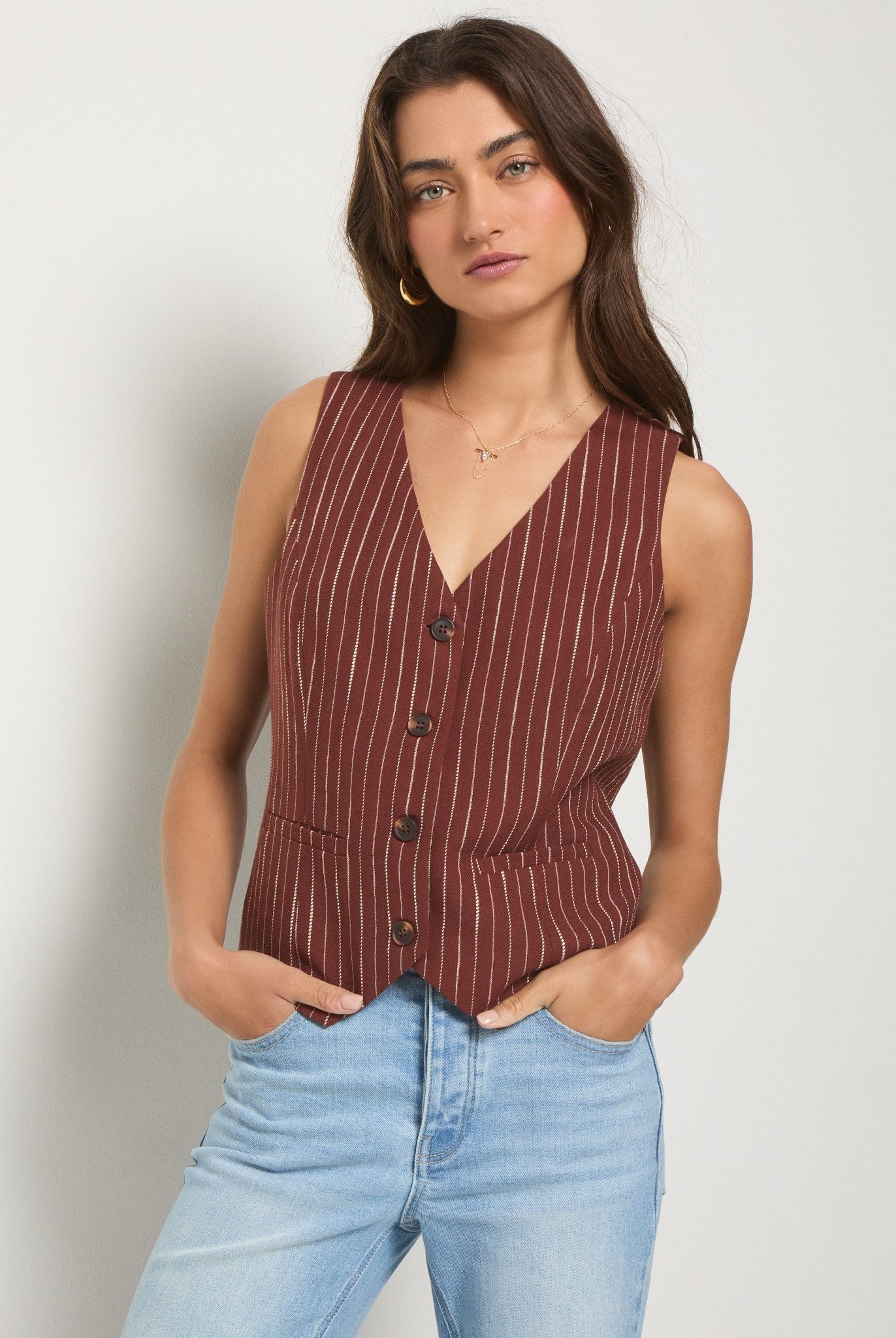 Cinnamon Stripe $|& SEAS Canyon Linen Blend Vest - SOF Front