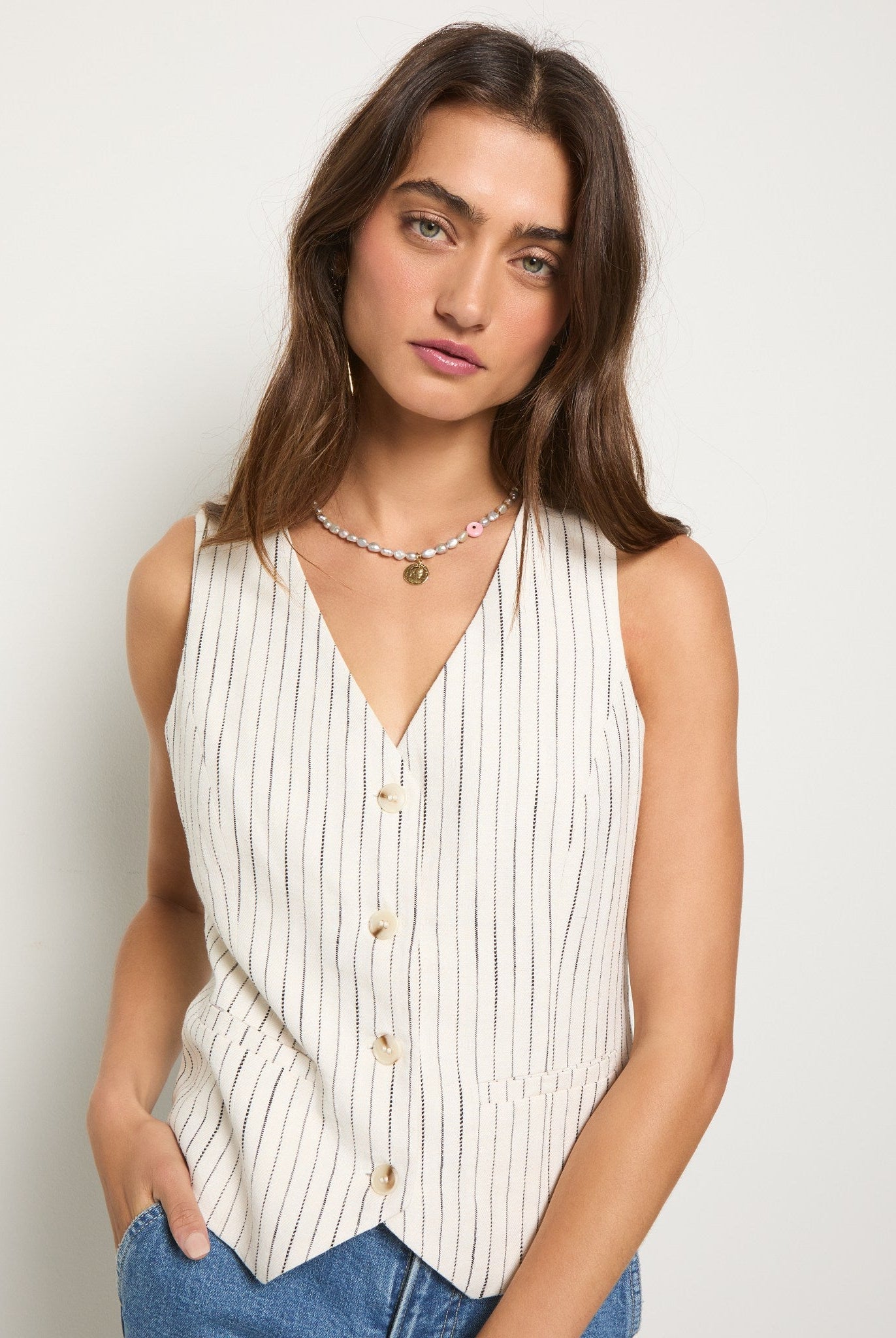 White Stripe $|& SEAS Canyon Linen Blend Vest - SOF Front