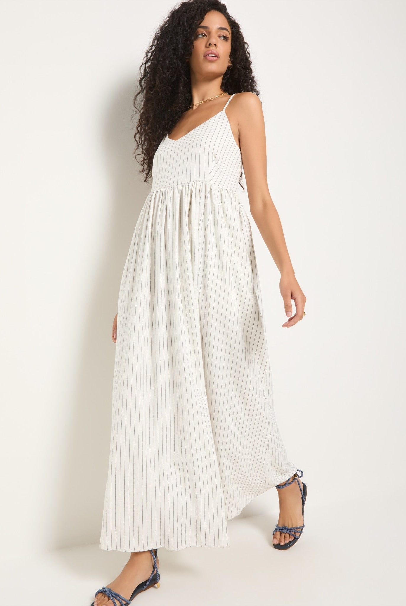 White Stripe $|& SEAS Shores Stripe Linen Maxi Dress - SOF Front