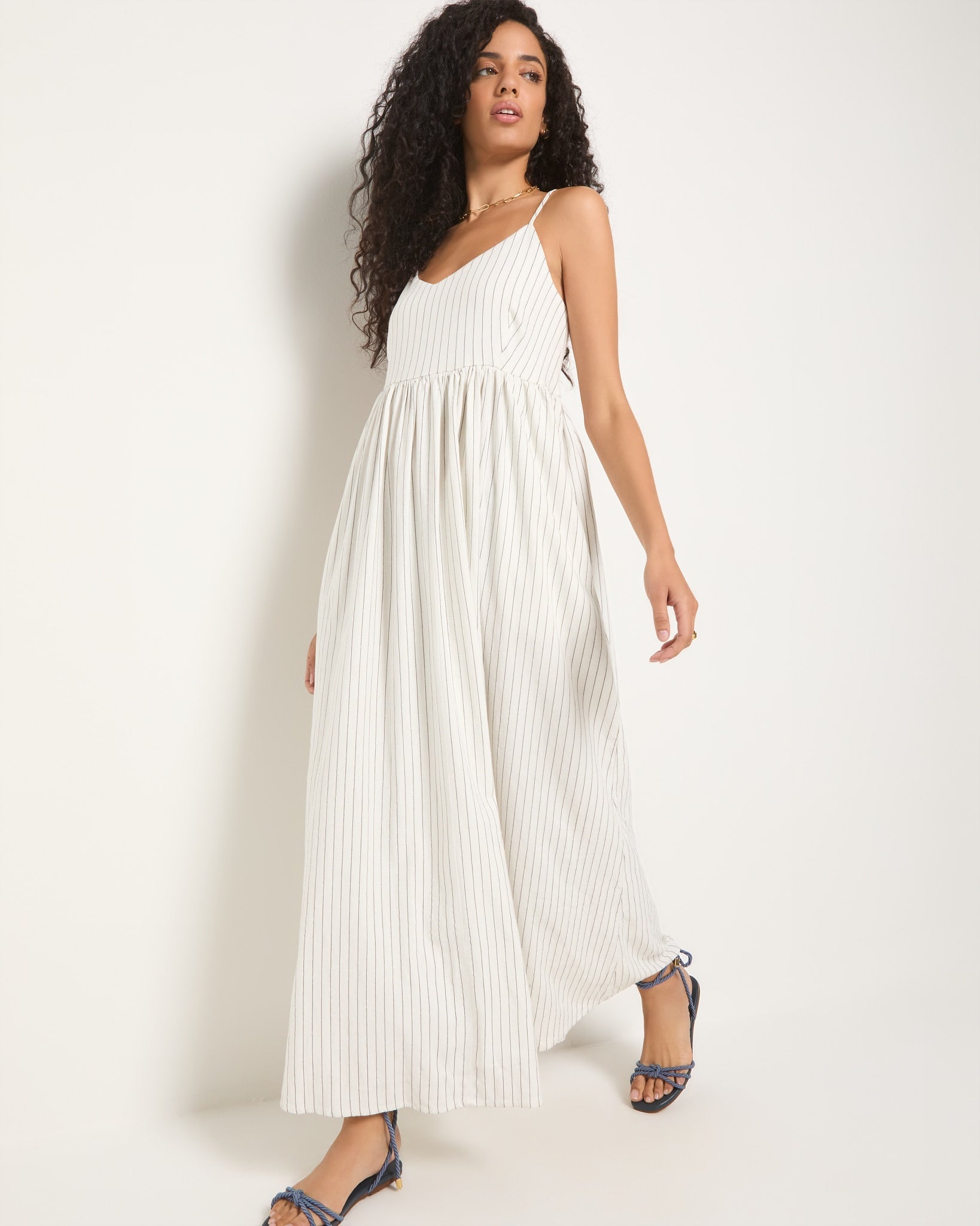 White Stripe $|& SEAS Shores Stripe Linen Maxi Dress - SOF Front