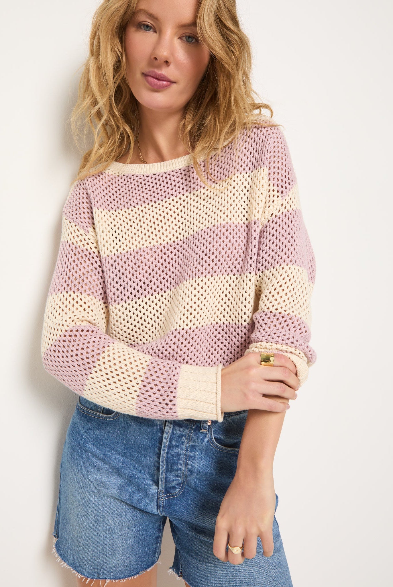 Smoky Lilac Stripe $|& SEAS Mariner Stripe Mesh Sweater - VOF Front