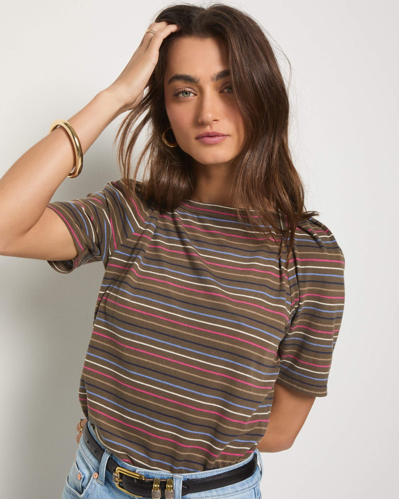 Truffle Multi Stripe $|& SEAS Seabreeze Boat Neck Puff Sleeve Tee - VOF Front