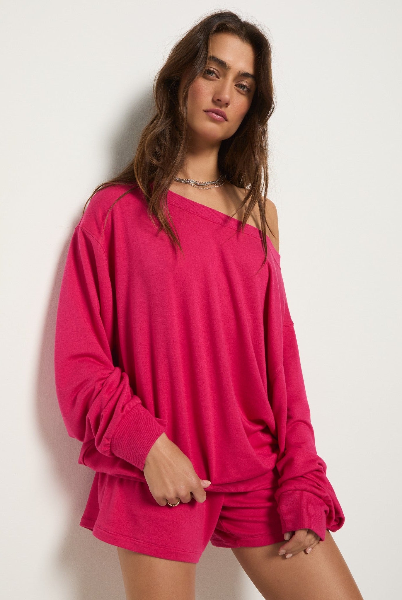 Magenta $|& SEAS Brooksville One Shoulder Sweatshirt - SOF Front