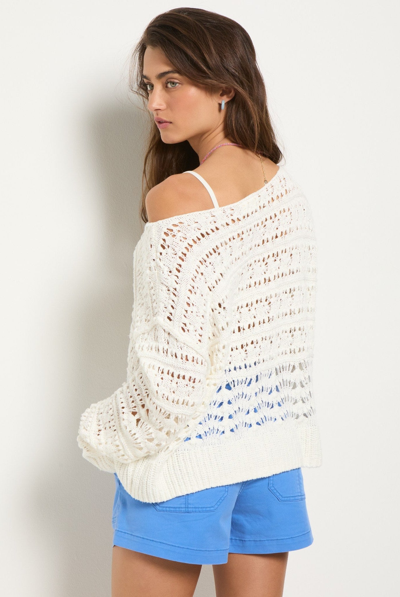 White $|& SEAS Sage Off Shoulder Pointelle Sweater - SOF Back