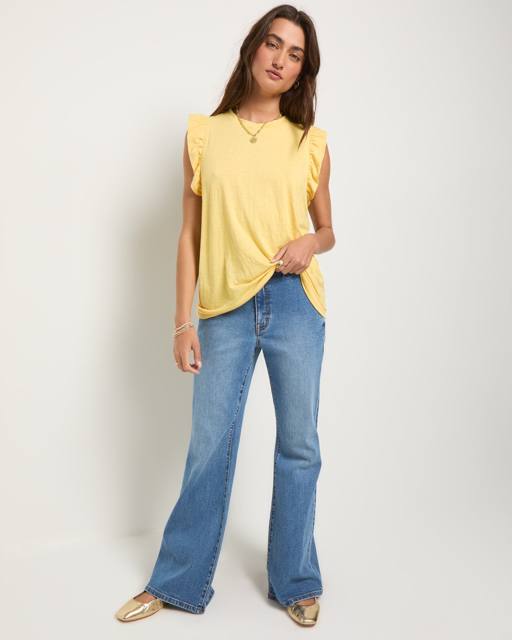 Golden $|& SEAS Ruffle Shoulder Tank - VOF Front