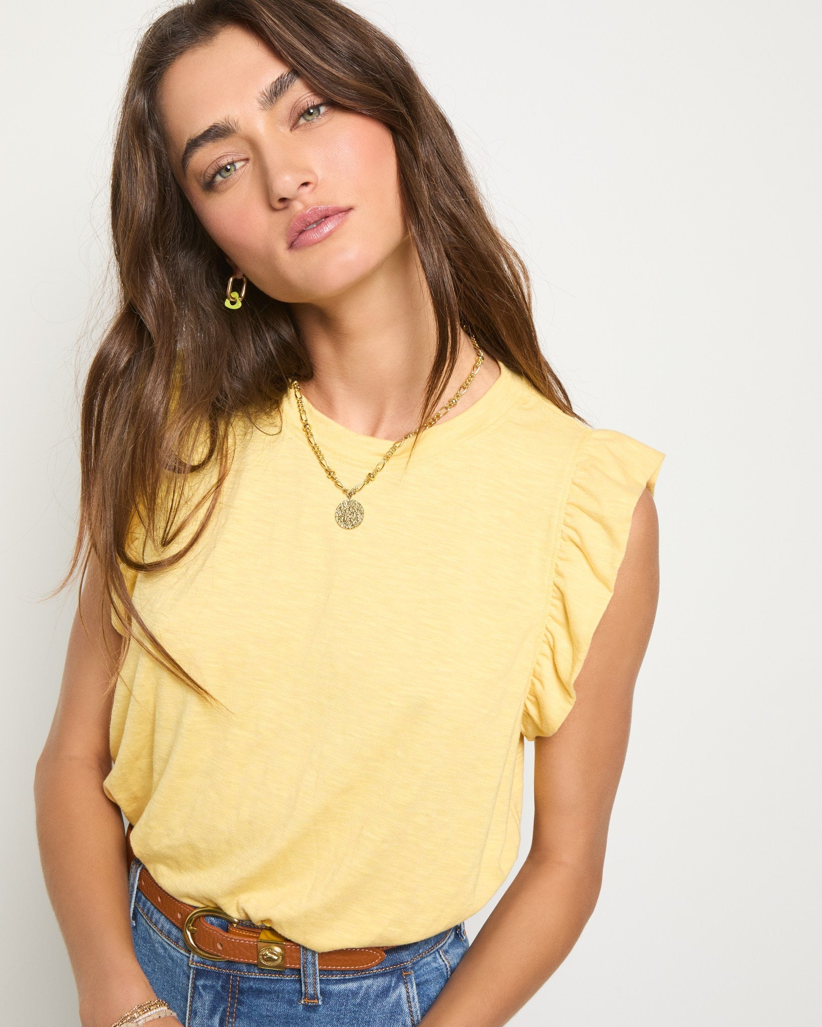 Golden $|& SEAS Ruffle Shoulder Tank - SOF Front