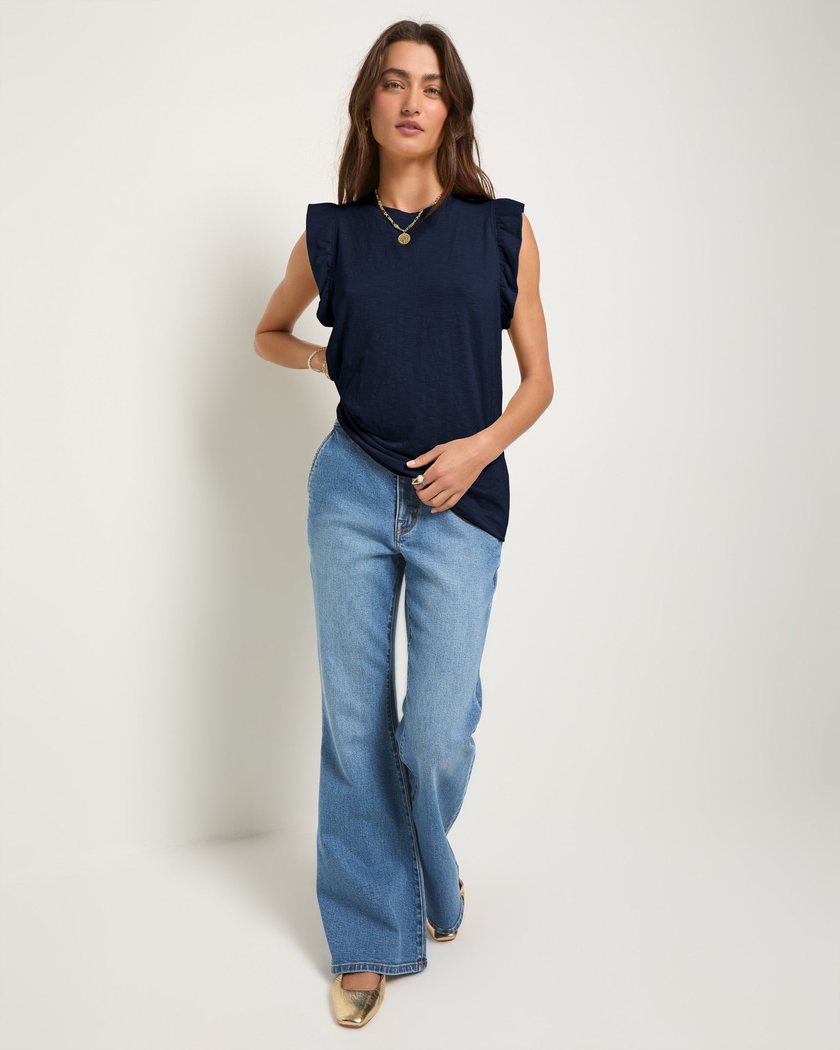 Sapphire $|& SEAS Ruffle Shoulder Tank - VOF Front