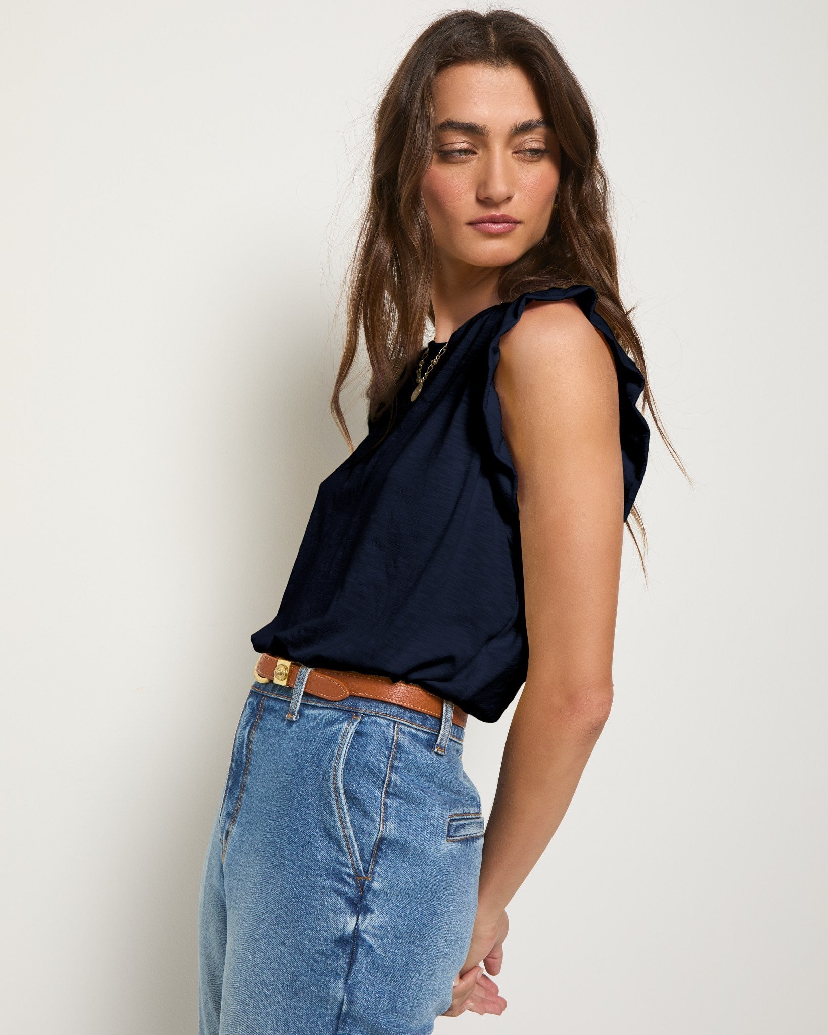 Sapphire $|& SEAS Ruffle Shoulder Tank - VOF Side
