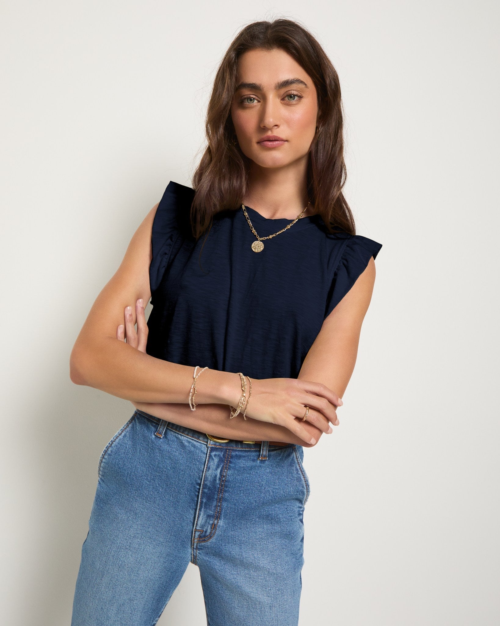 Sapphire $|& SEAS Ruffle Shoulder Tank - SOF Front