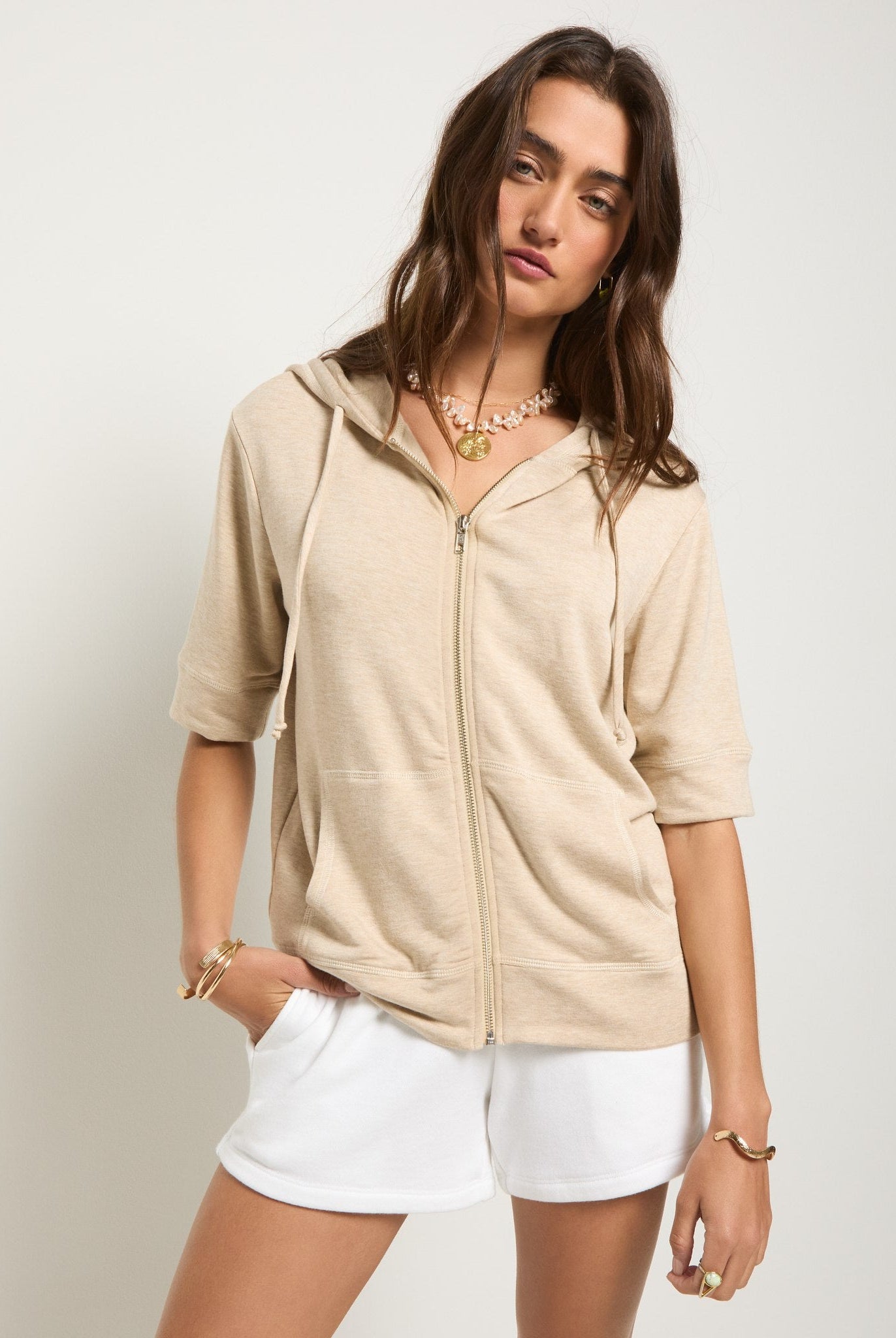 Oatmeal Heather $|& SEAS Short Sleeve Fleece Zip Up - VOF Front