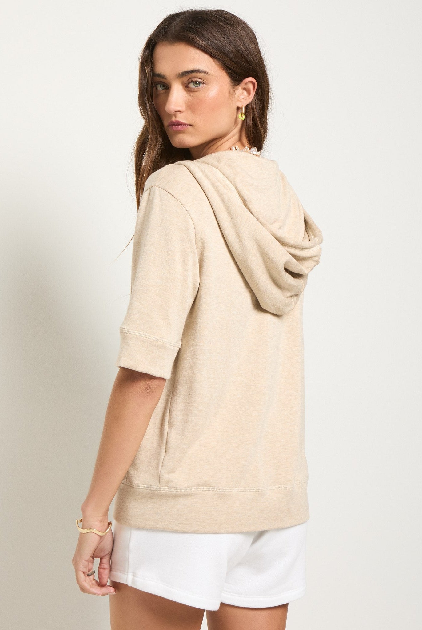 Oatmeal Heather $|& SEAS Short Sleeve Fleece Zip Up - SOF Back