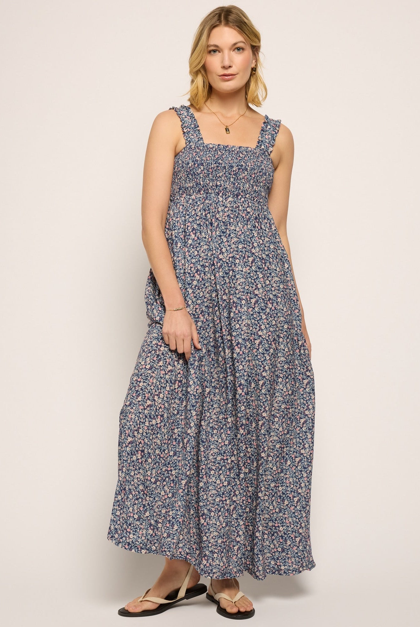 Sapphire Floral $|& SEAS Printed Serene Smocked Maxi Dress - UGC On Fig