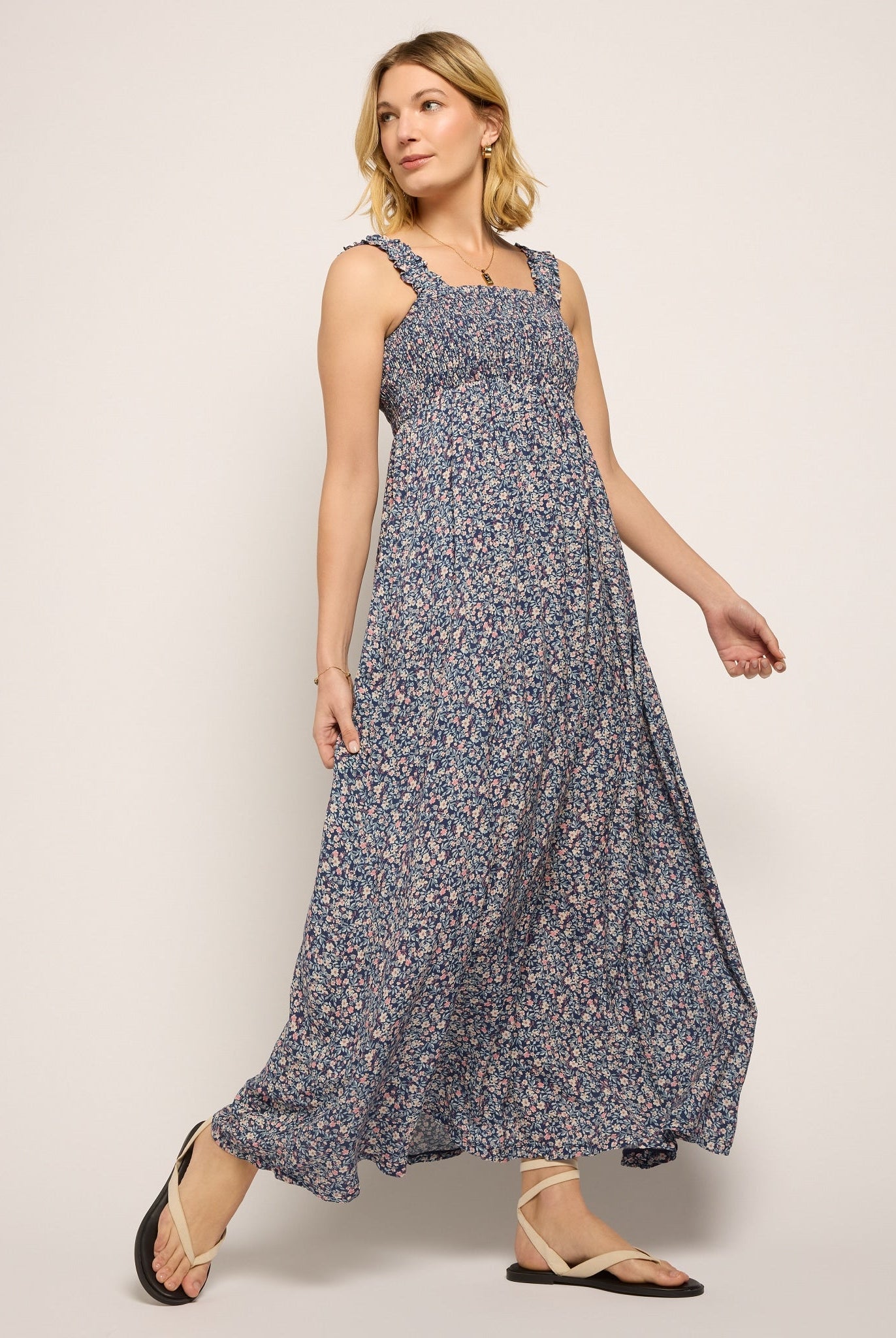 Sapphire Floral $|& SEAS Printed Serene Smocked Maxi Dress - SOF Front