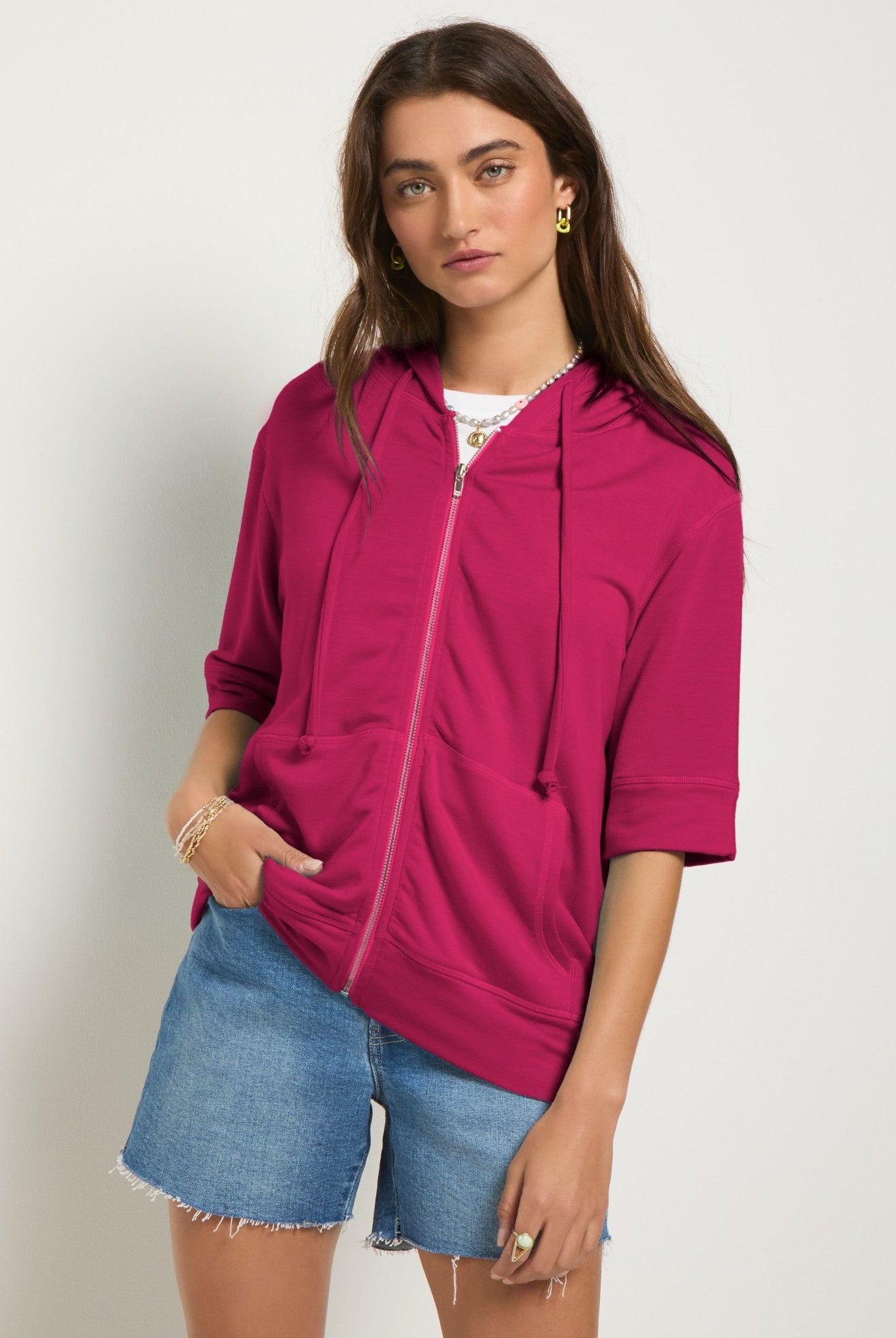 Magenta $|& SEAS Short Sleeve Fleece Zip Up - SOF Full Front