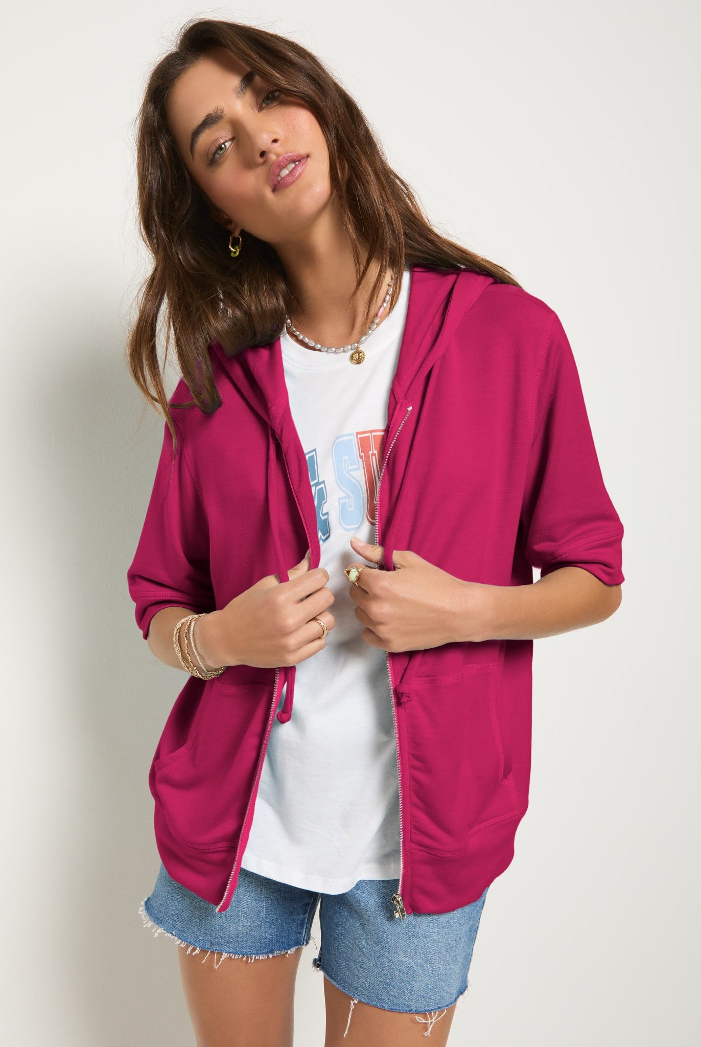Magenta $|& SEAS Short Sleeve Fleece Zip Up - SOF Front