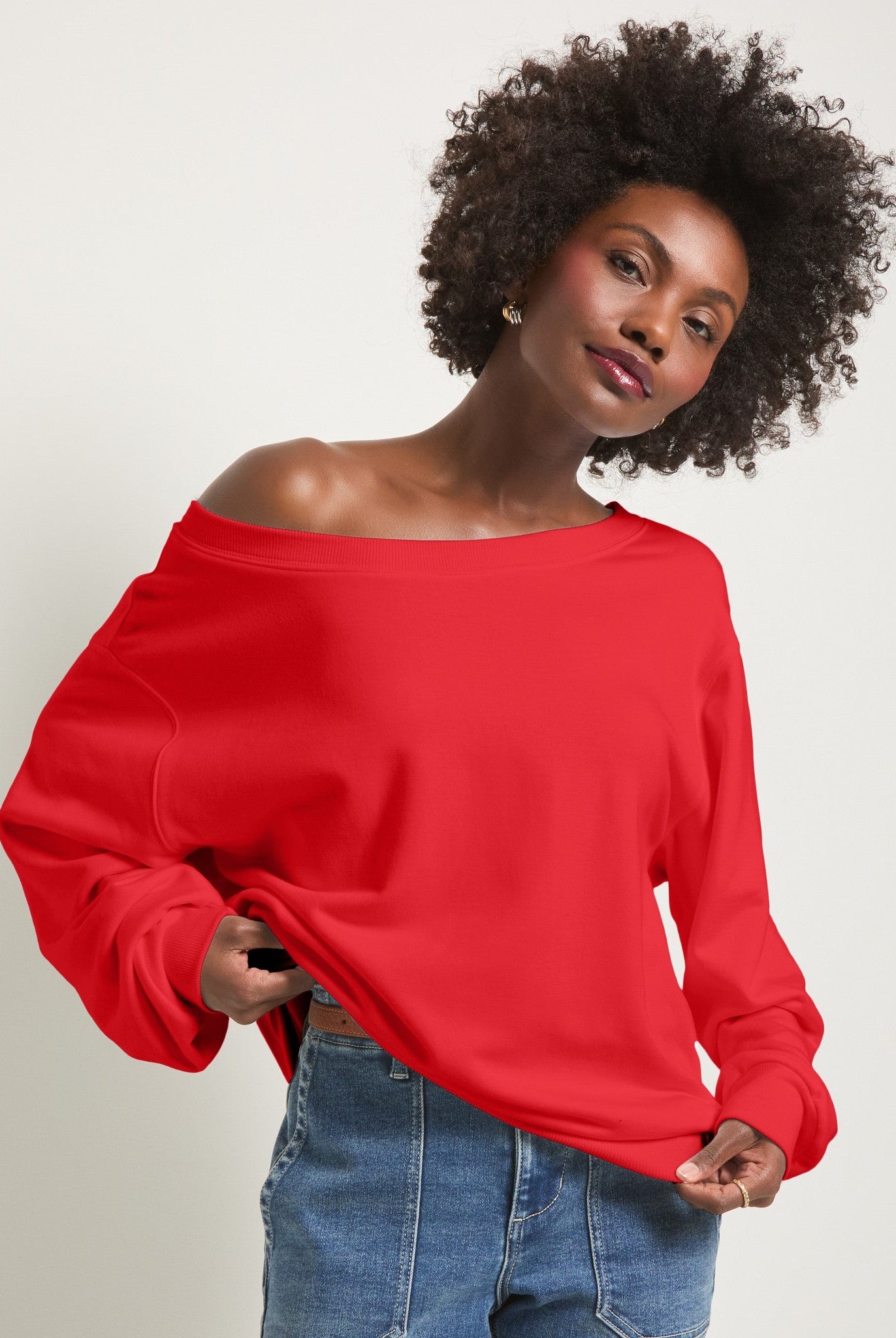Pomegranate $|& SEAS Brooksville One Shoulder Sweatshirt - SOF Front