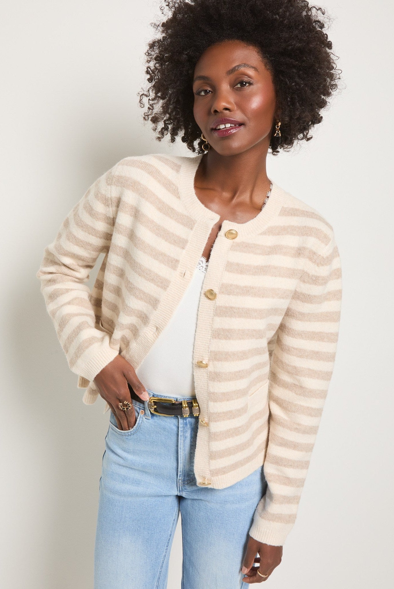 Cream Stripe $|& SEAS Coral Charm Cardigan - VOF Front