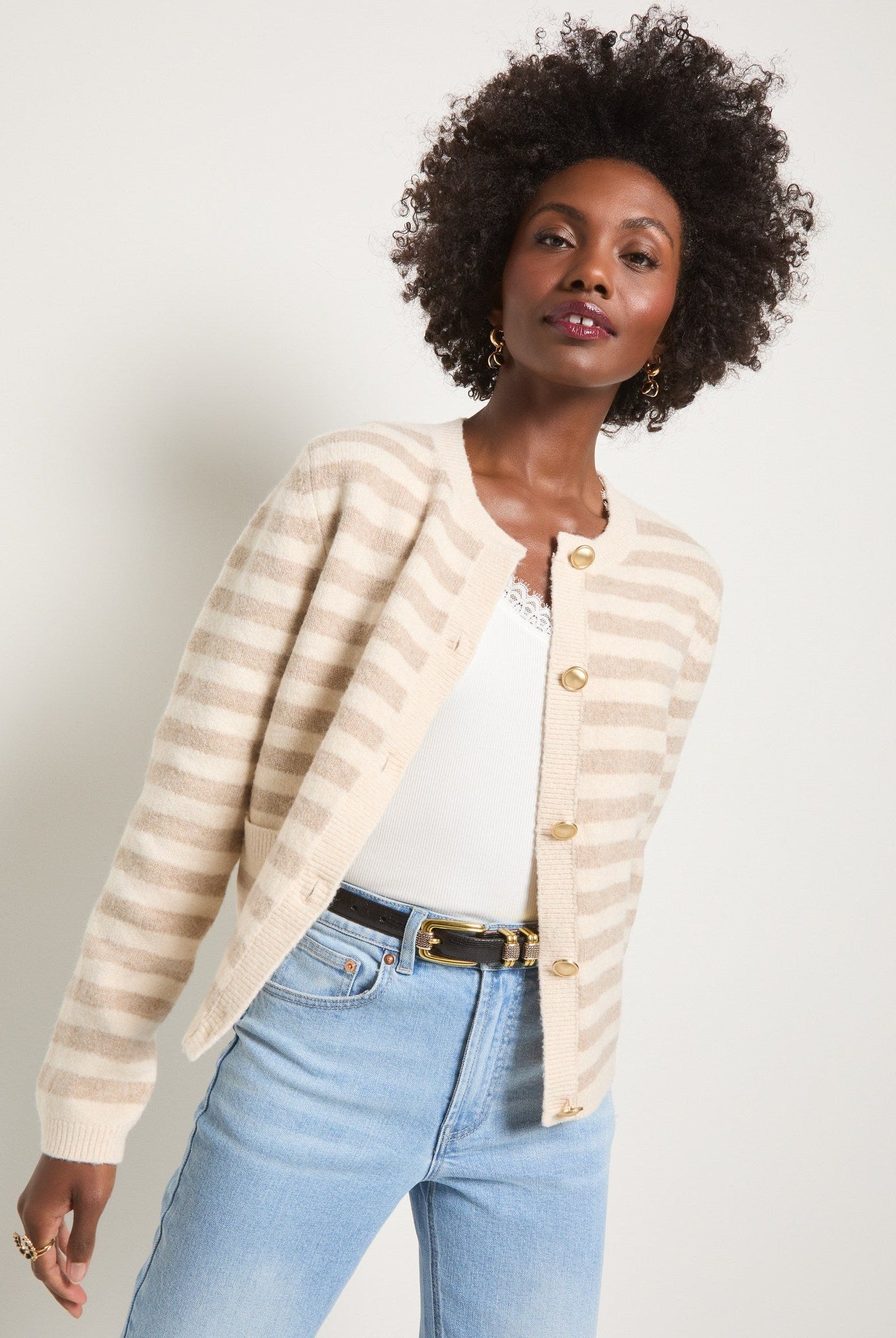 Cream Stripe $|& SEAS Coral Charm Cardigan - SOF Front