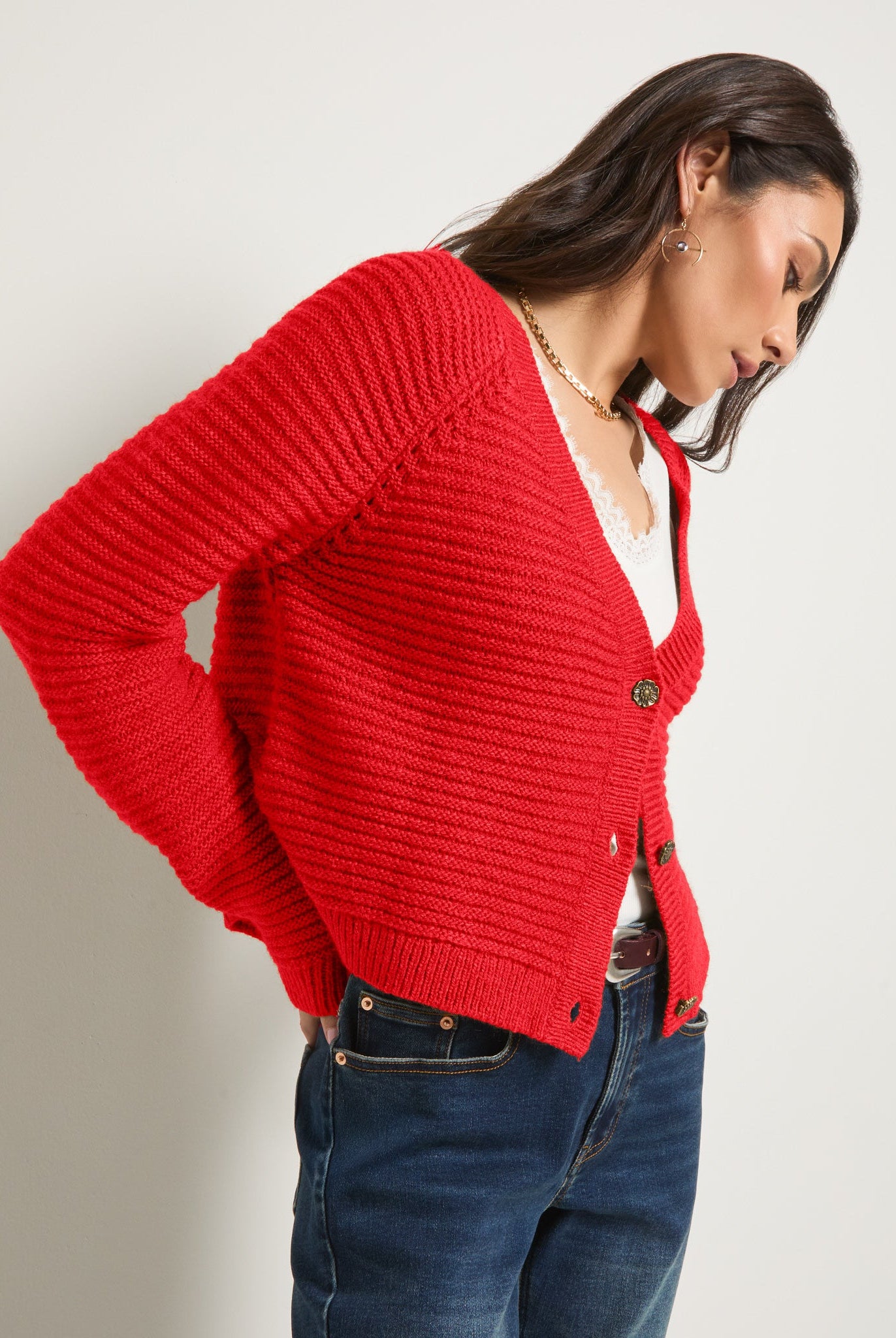 Pomegranate $|& SEAS Meadow V-Neck Cardigan - SOF Full Front