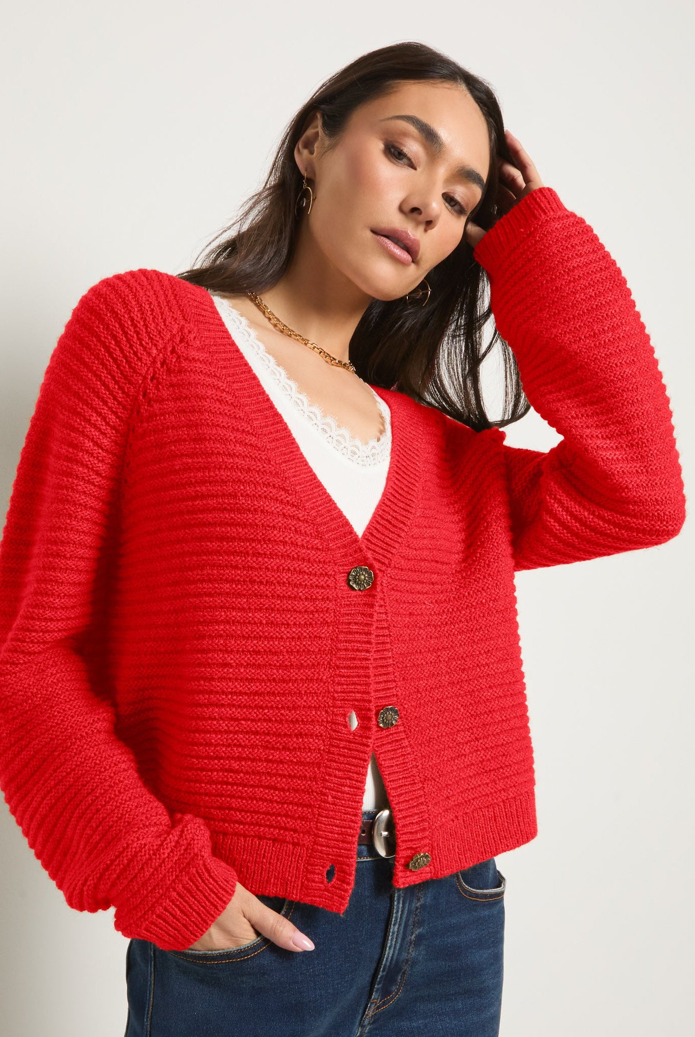 Pomegranate $|& SEAS Meadow V-Neck Cardigan - SOF Front