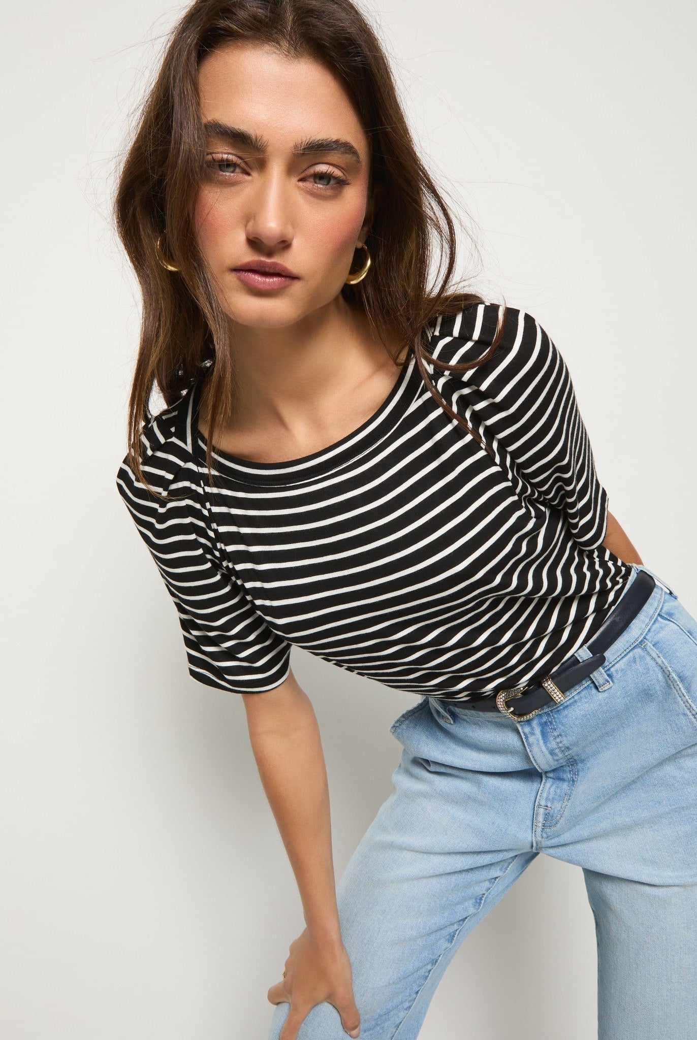 Black/White Stripe $|& SEAS Seabreeze Boat Neck Puff Sleeve Tee - VOF Front
