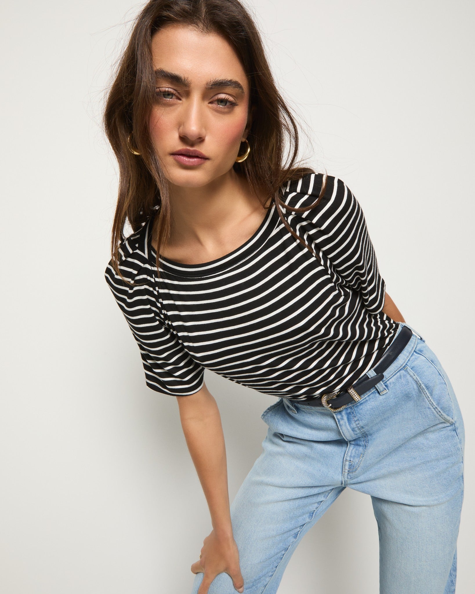 Black/White Stripe $|& SEAS Seabreeze Boat Neck Puff Sleeve Tee - VOF Front