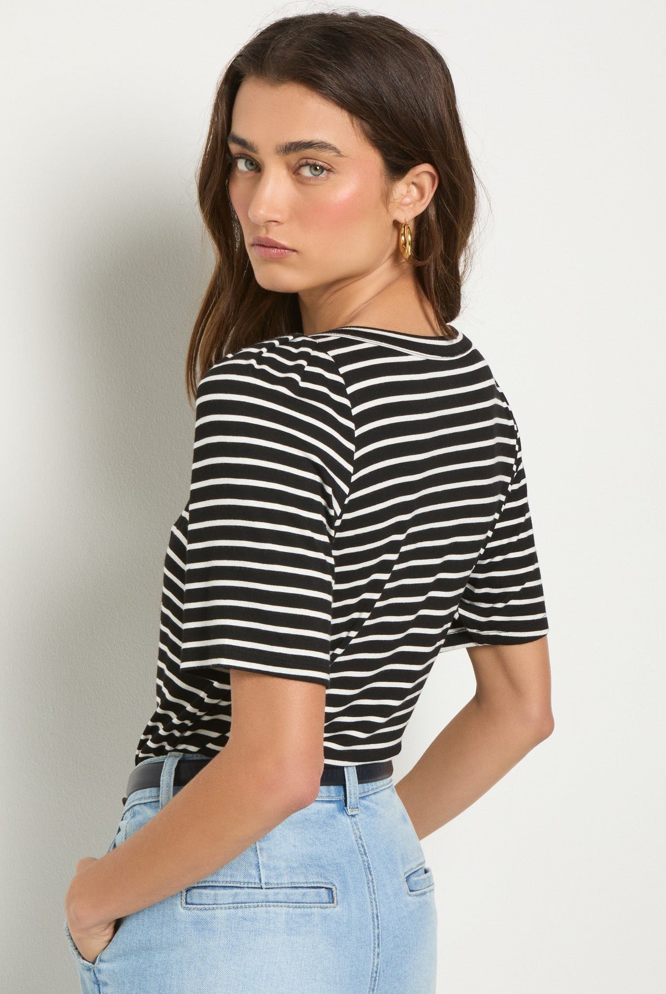 Black/White Stripe $|& SEAS Seabreeze Boat Neck Puff Sleeve Tee - SOF Back