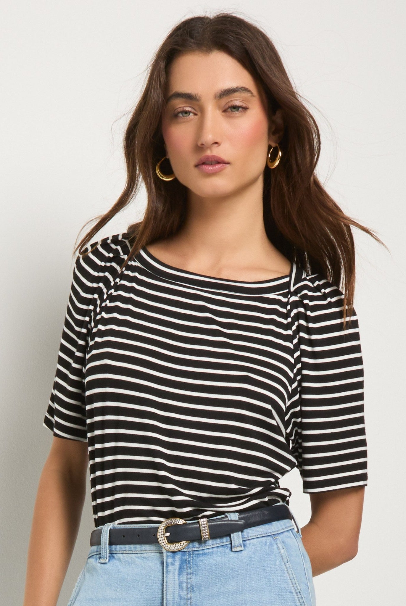 Black/White Stripe $|& SEAS Seabreeze Boat Neck Puff Sleeve Tee - SOF Front