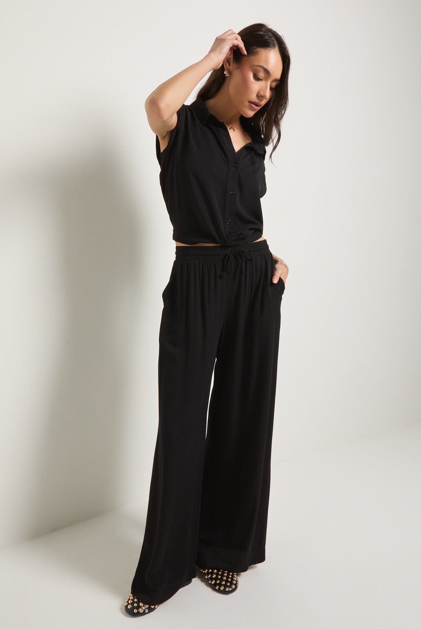 Washed Black $|& SEAS Sunset Drawstring Wide Leg Pant - UGC On Fig