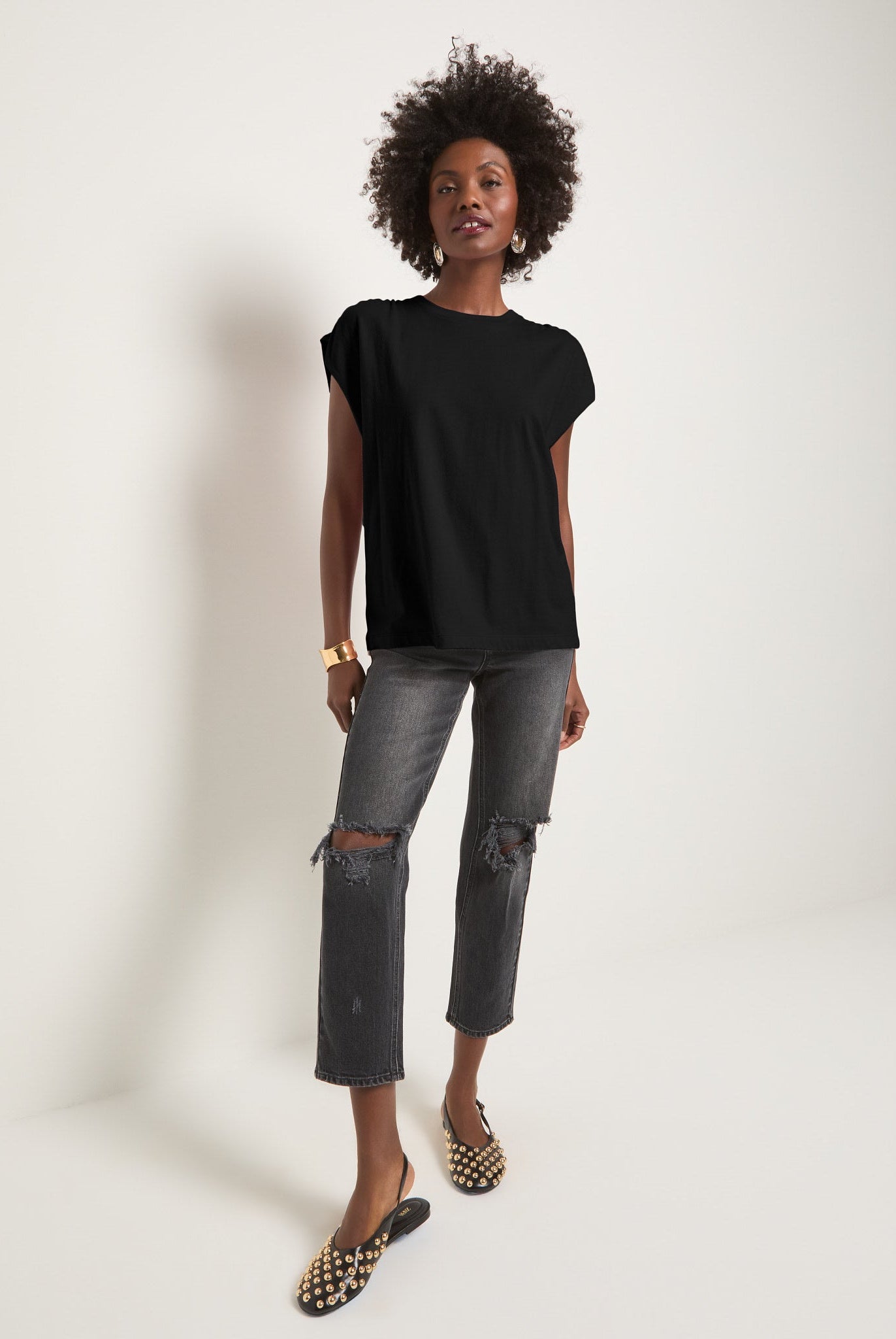 Faded Black $|& SEAS Bloom Ruched Shoulder Tee - VOF Front