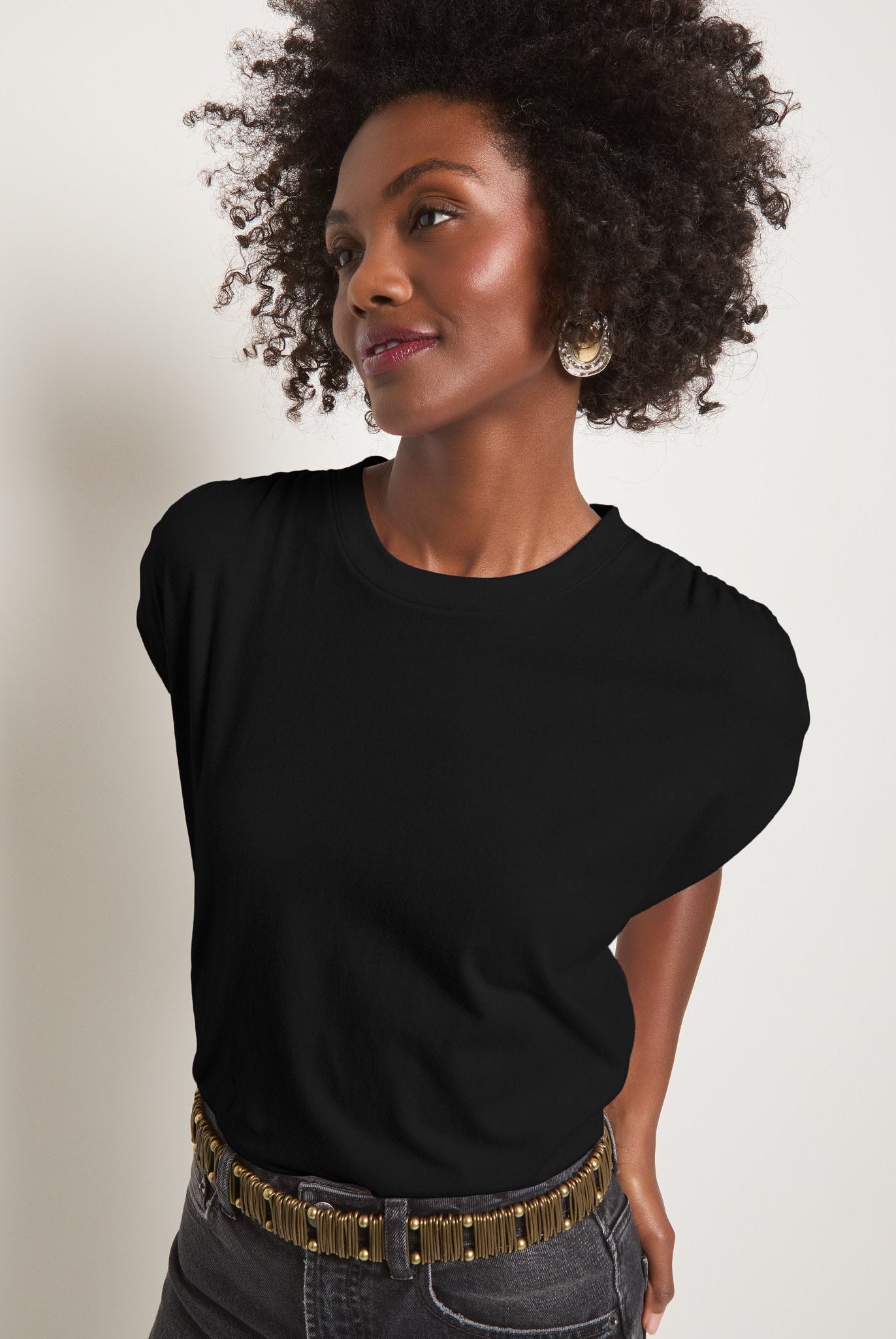 Faded Black $|& SEAS Bloom Ruched Shoulder Tee - SOF Front