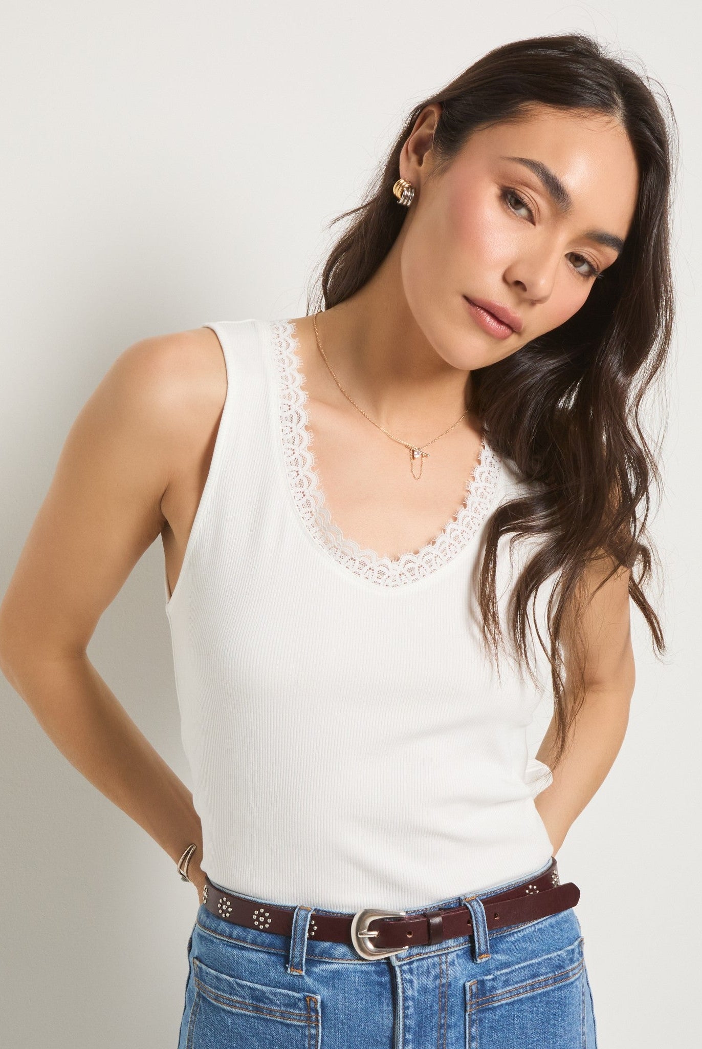 White $|& SEAS Whitecap Lace Trim Tank - SOF Front