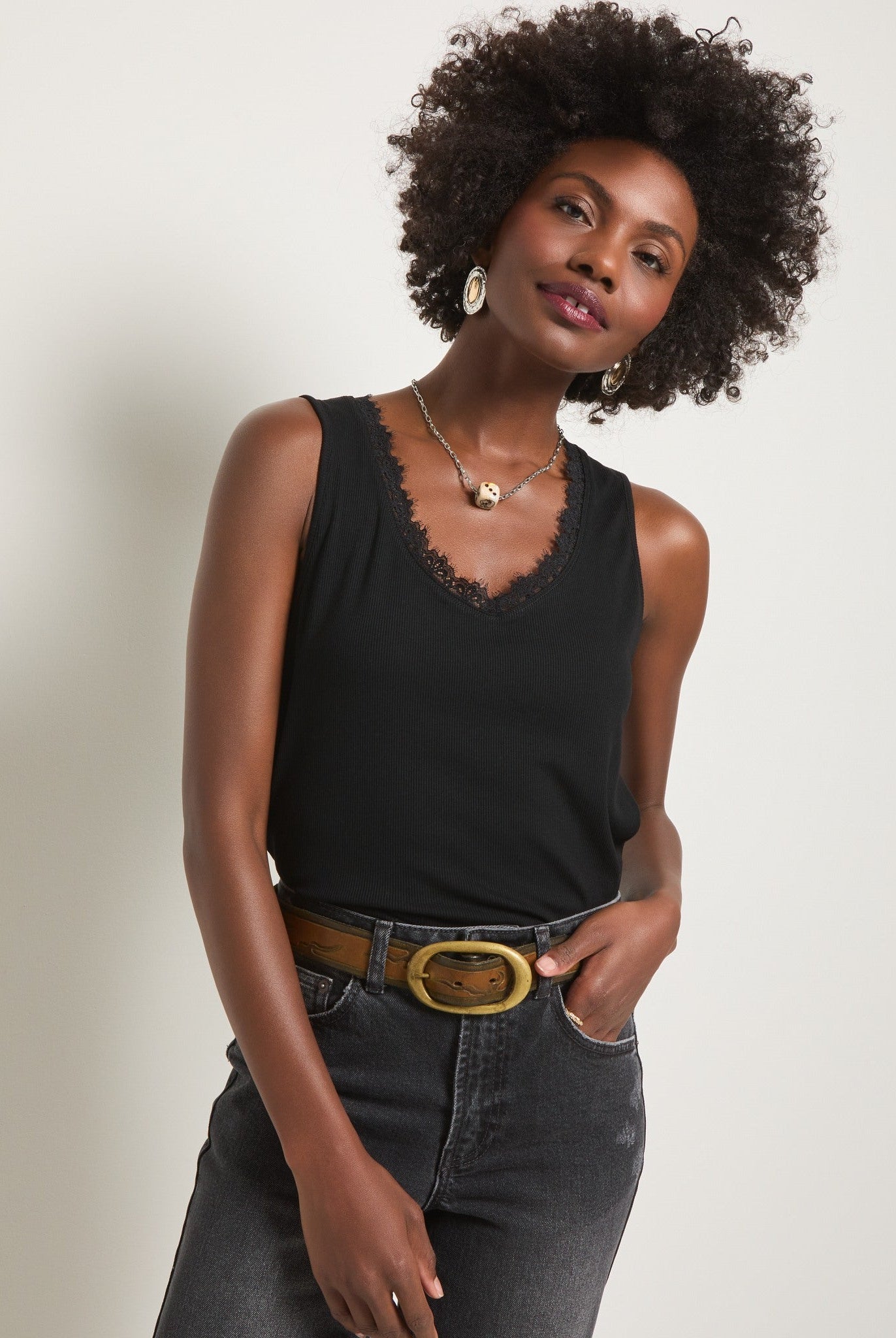 Black $|& SEAS Whitecap Lace Trim Tank - SOF Full Front