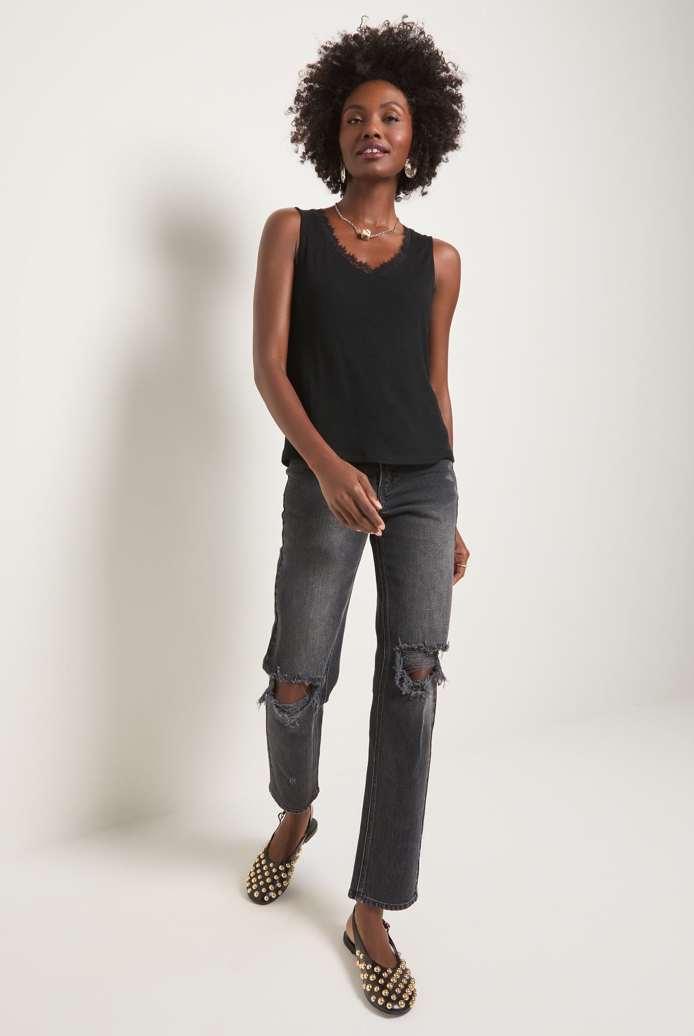 Black $|& SEAS Whitecap Lace Trim Tank - VOF Front